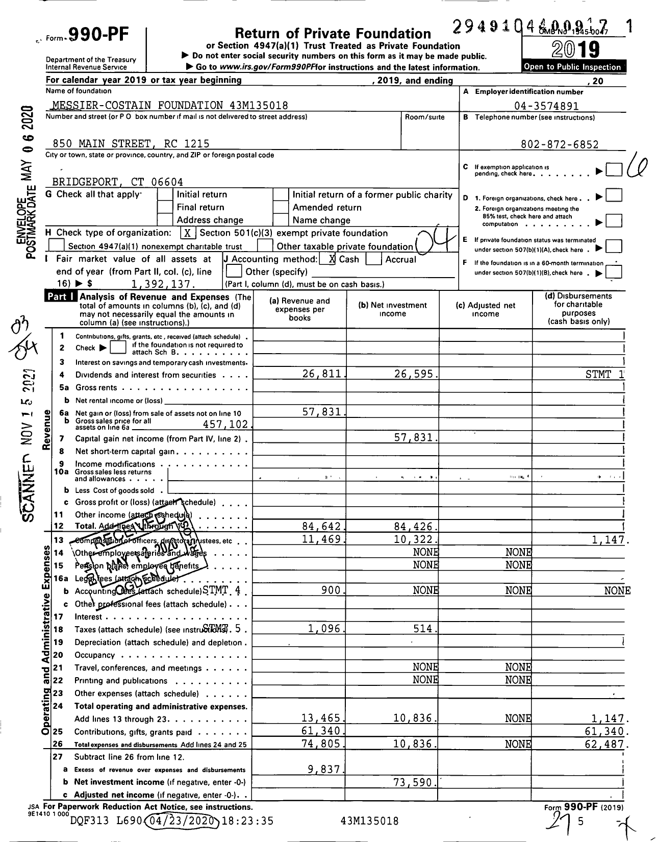 Image of first page of 2019 Form 990PF for Messier-Costain Foundation