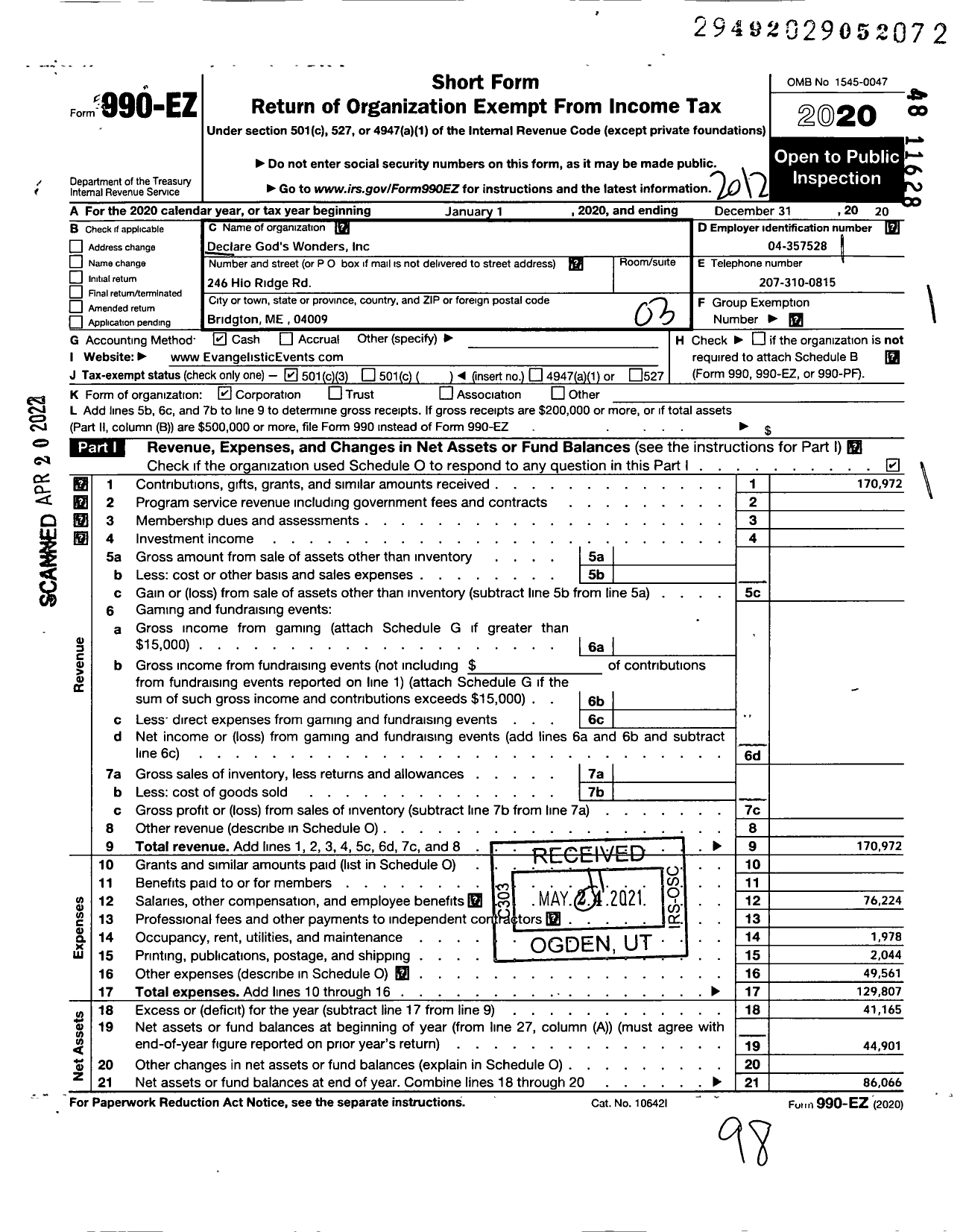 Image of first page of 2020 Form 990EZ for Declare Gods Wonders