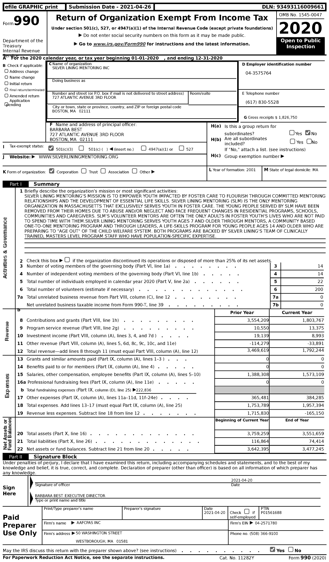 Image of first page of 2020 Form 990 for Silver Lining Mentoring