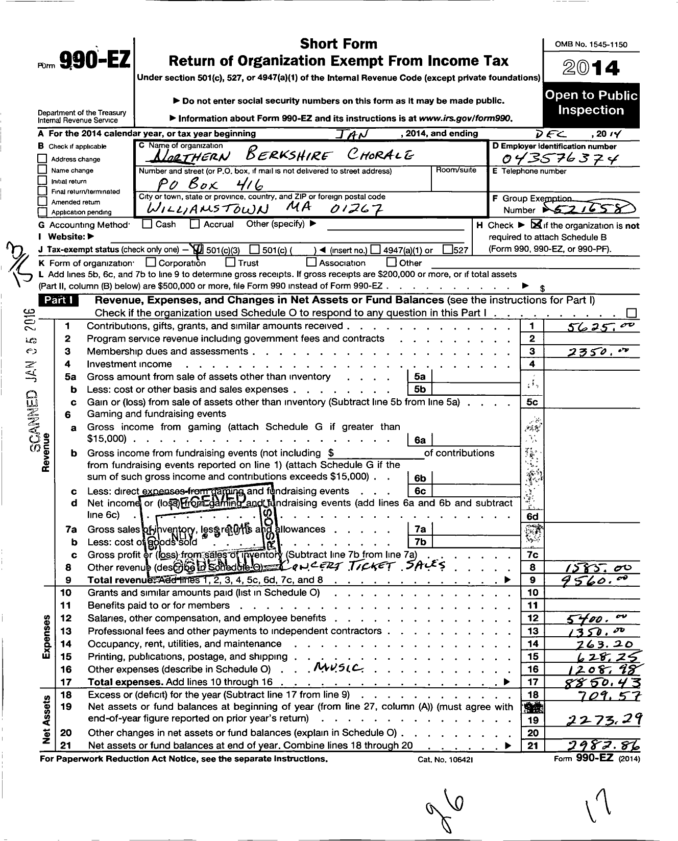Image of first page of 2014 Form 990EZ for Northern Berkshire Chorale