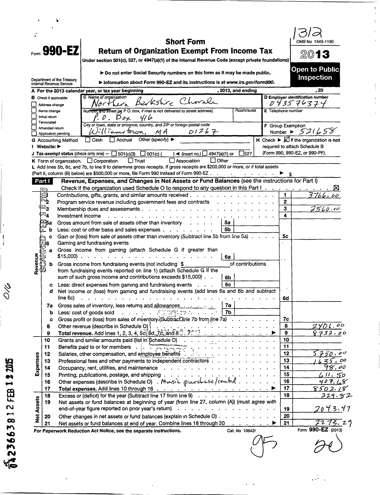 Image of first page of 2013 Form 990EO for Northern Berkshire Chorale