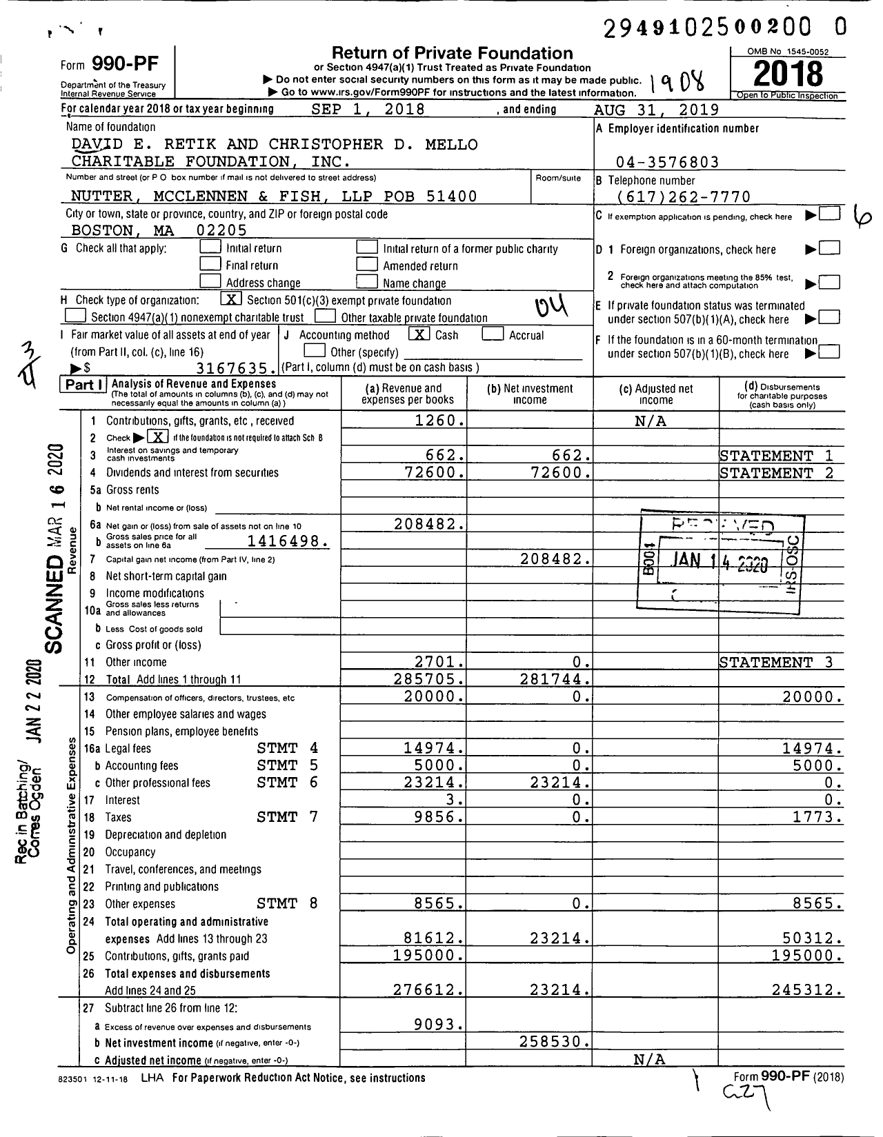 Image of first page of 2018 Form 990PR for David E Retik and Christopher D Mello Charitable Foundation