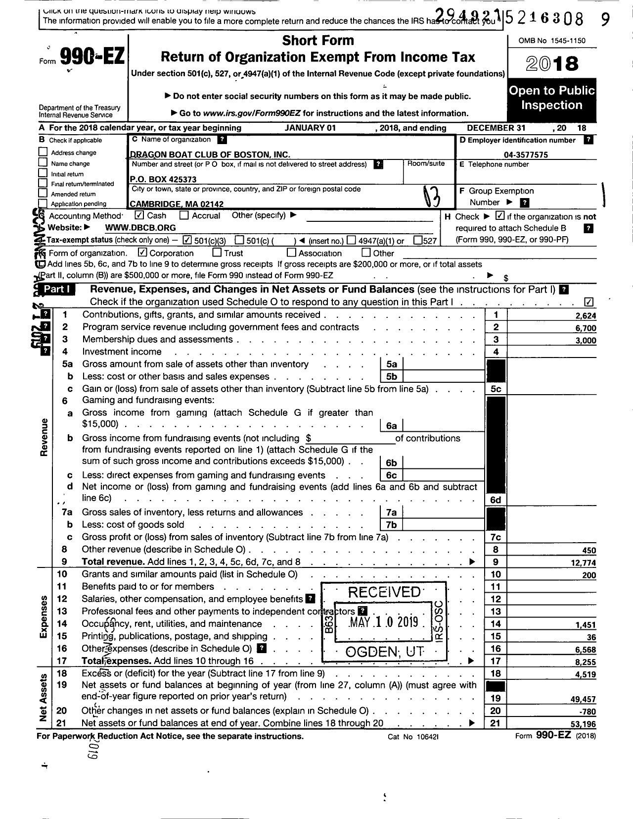 Image of first page of 2018 Form 990EZ for Dragon Boat Club of Boston