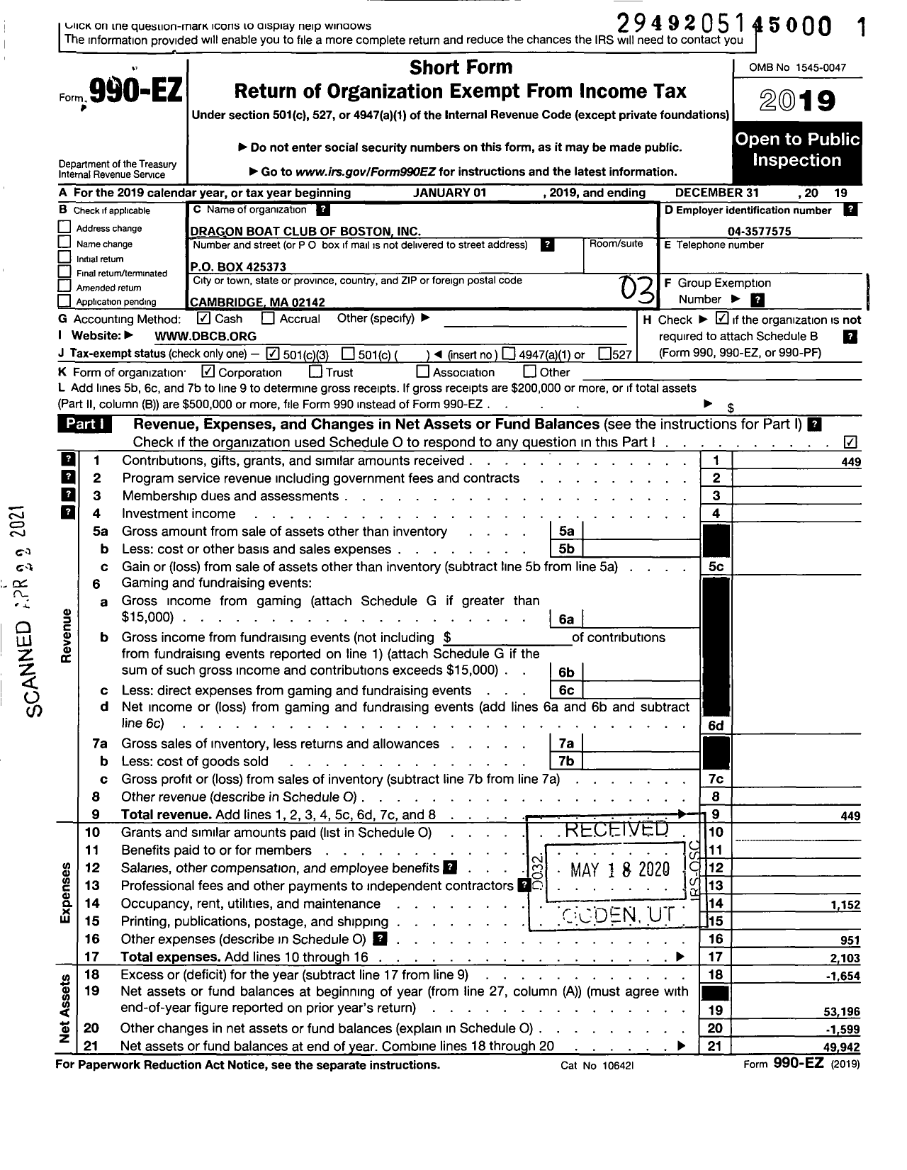 Image of first page of 2019 Form 990EZ for Dragon Boat Club of Boston