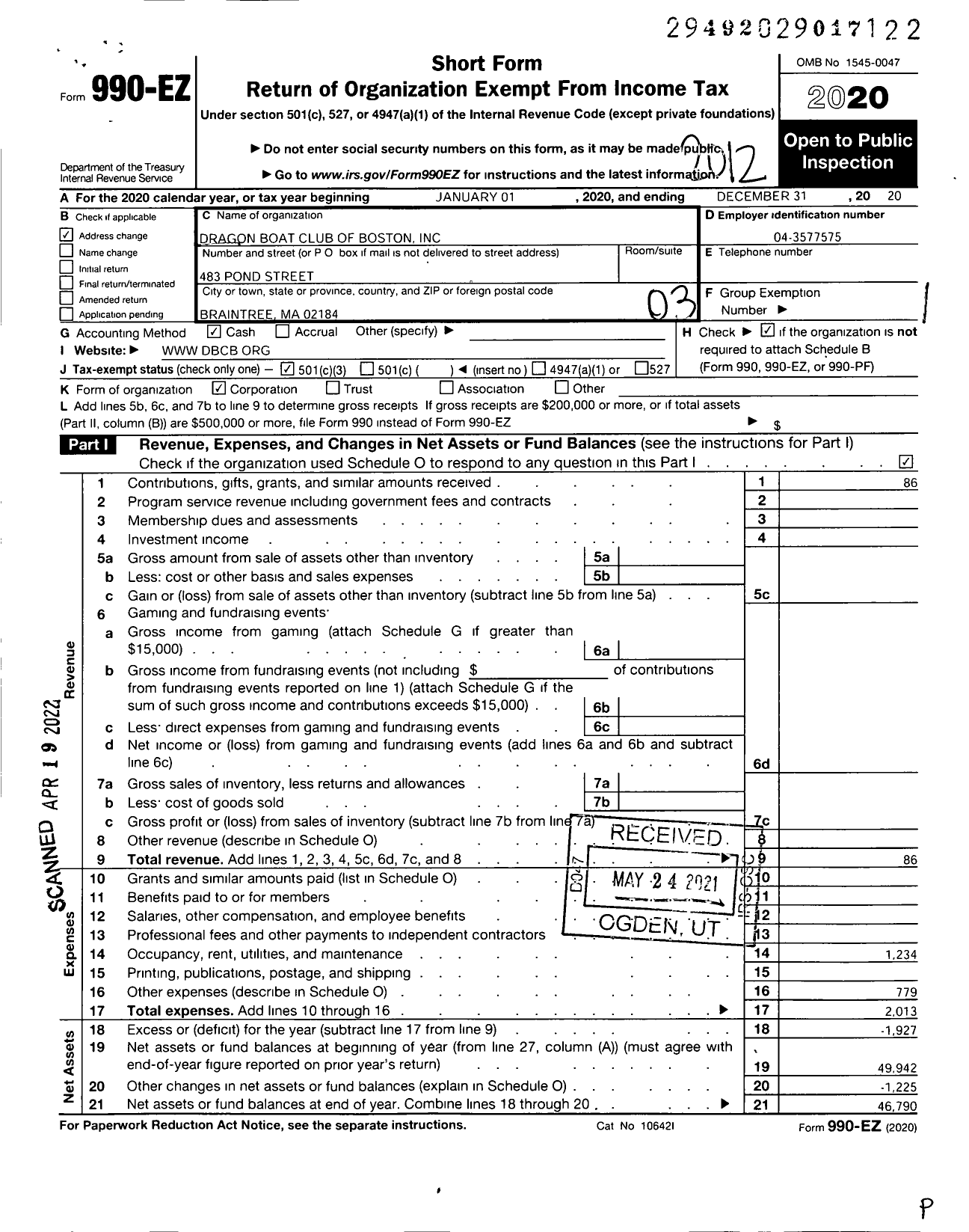 Image of first page of 2020 Form 990EZ for Dragon Boat Club of Boston