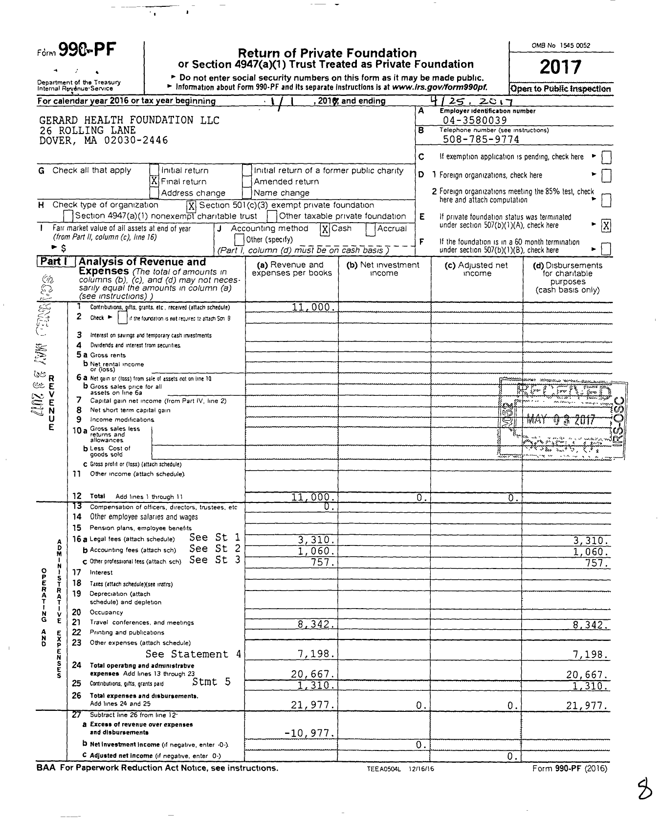 Image of first page of 2016 Form 990PF for Gerard Health Foundation LLC