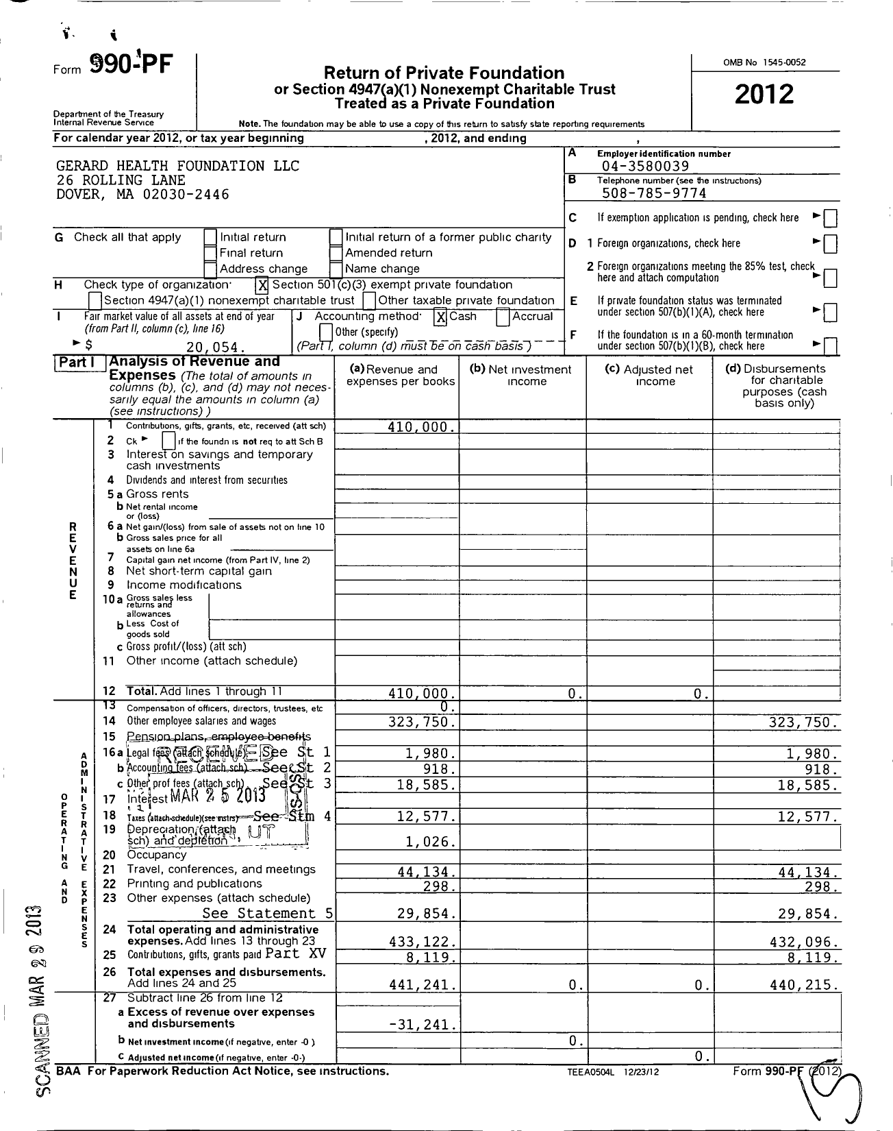 Image of first page of 2012 Form 990PF for Gerard Health Foundation LLC