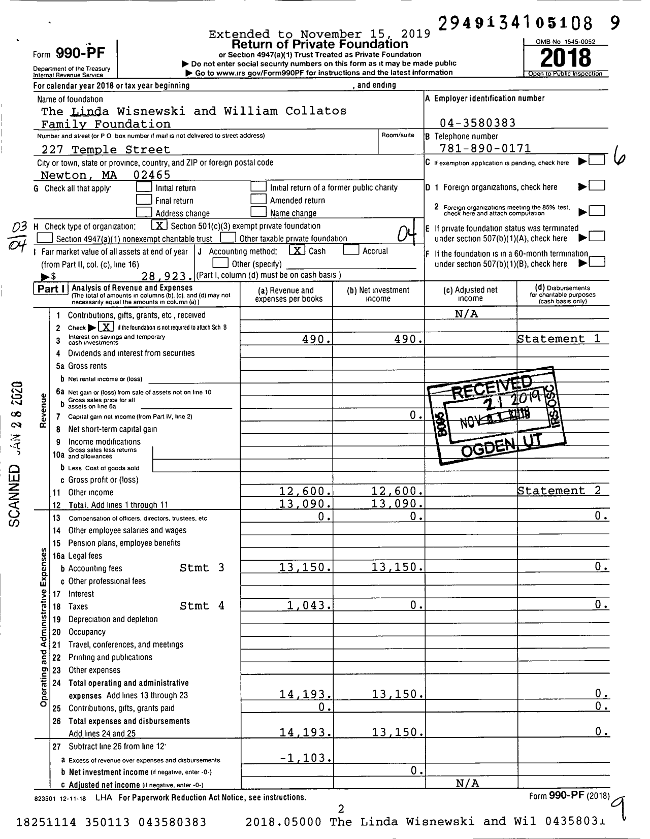 Image of first page of 2018 Form 990PF for The Linda Wisnewski and William Collatos Family Foundation