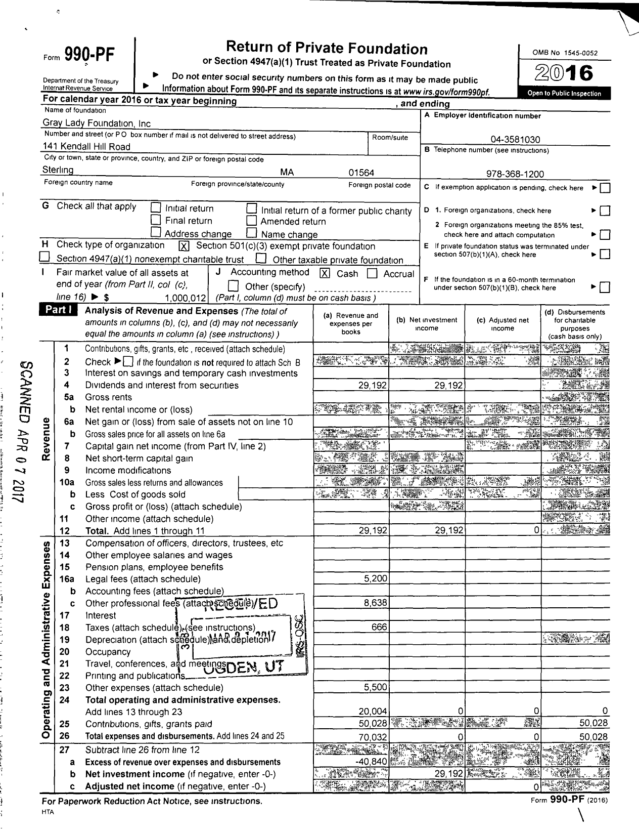 Image of first page of 2016 Form 990PF for Gray Lady Foundation