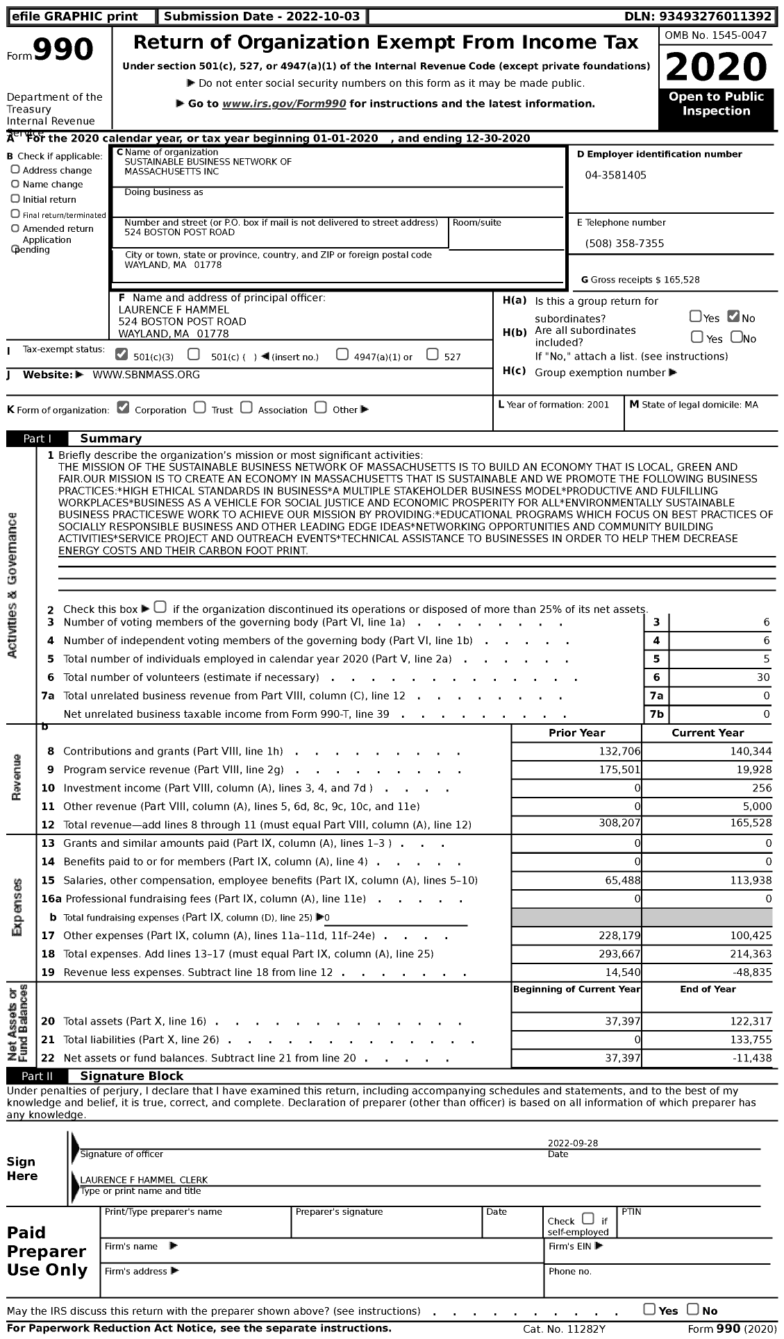 Image of first page of 2020 Form 990 for Sustainable Business Network of Massachusetts