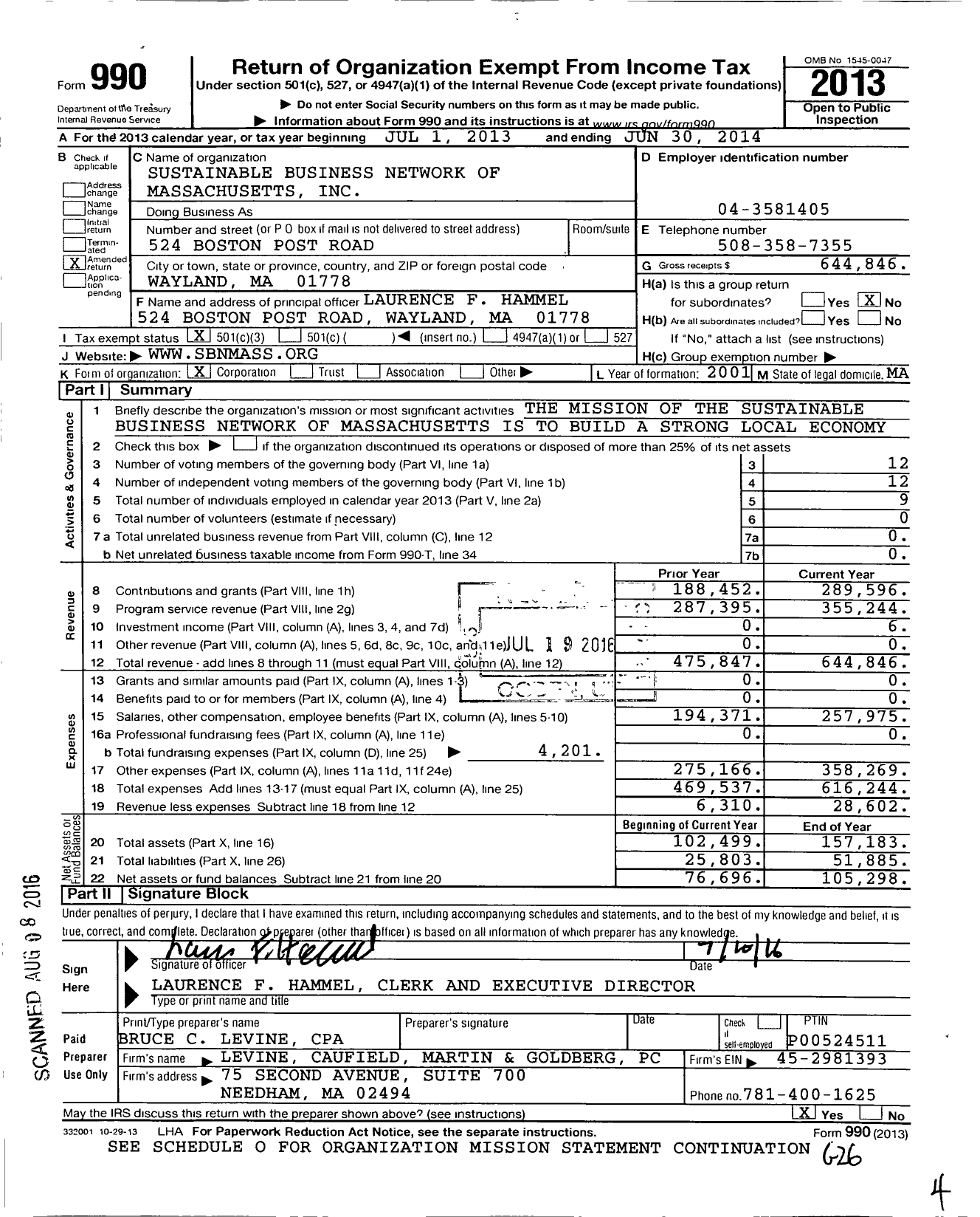 Image of first page of 2013 Form 990 for Sustainable Business Network of Massachusetts