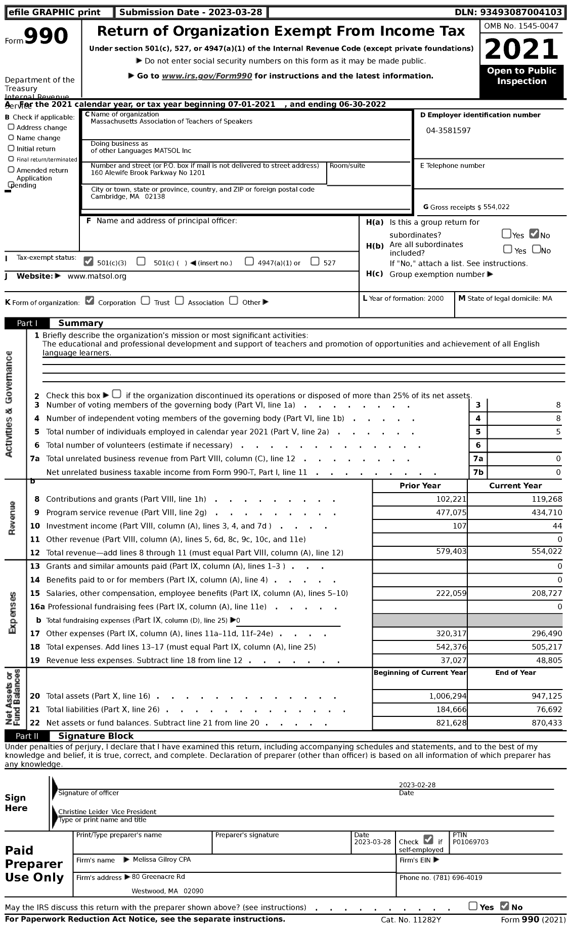 Image of first page of 2021 Form 990 for Massachusetts Association of Teachers of Speakers of other Languages MATSOL (MATSOL)