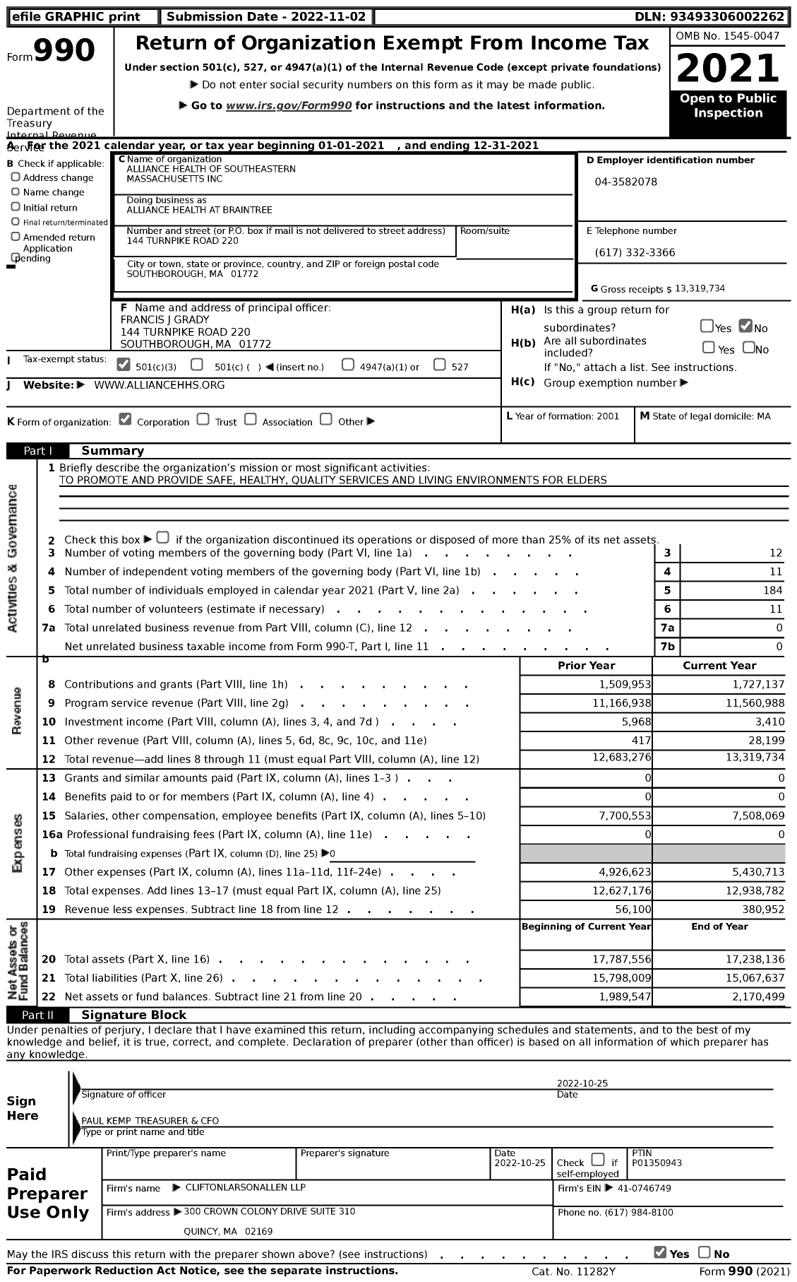 Image of first page of 2021 Form 990 for Alliance Health at Braintree