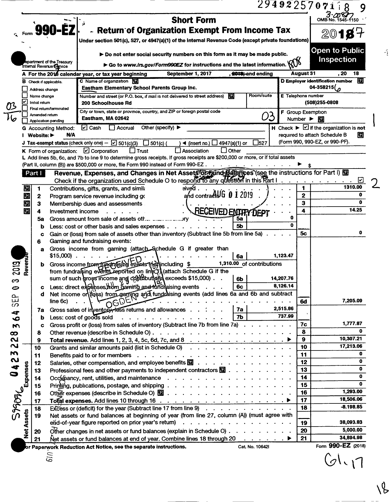 Image of first page of 2017 Form 990EZ for Eastham Elementary School Parents Group