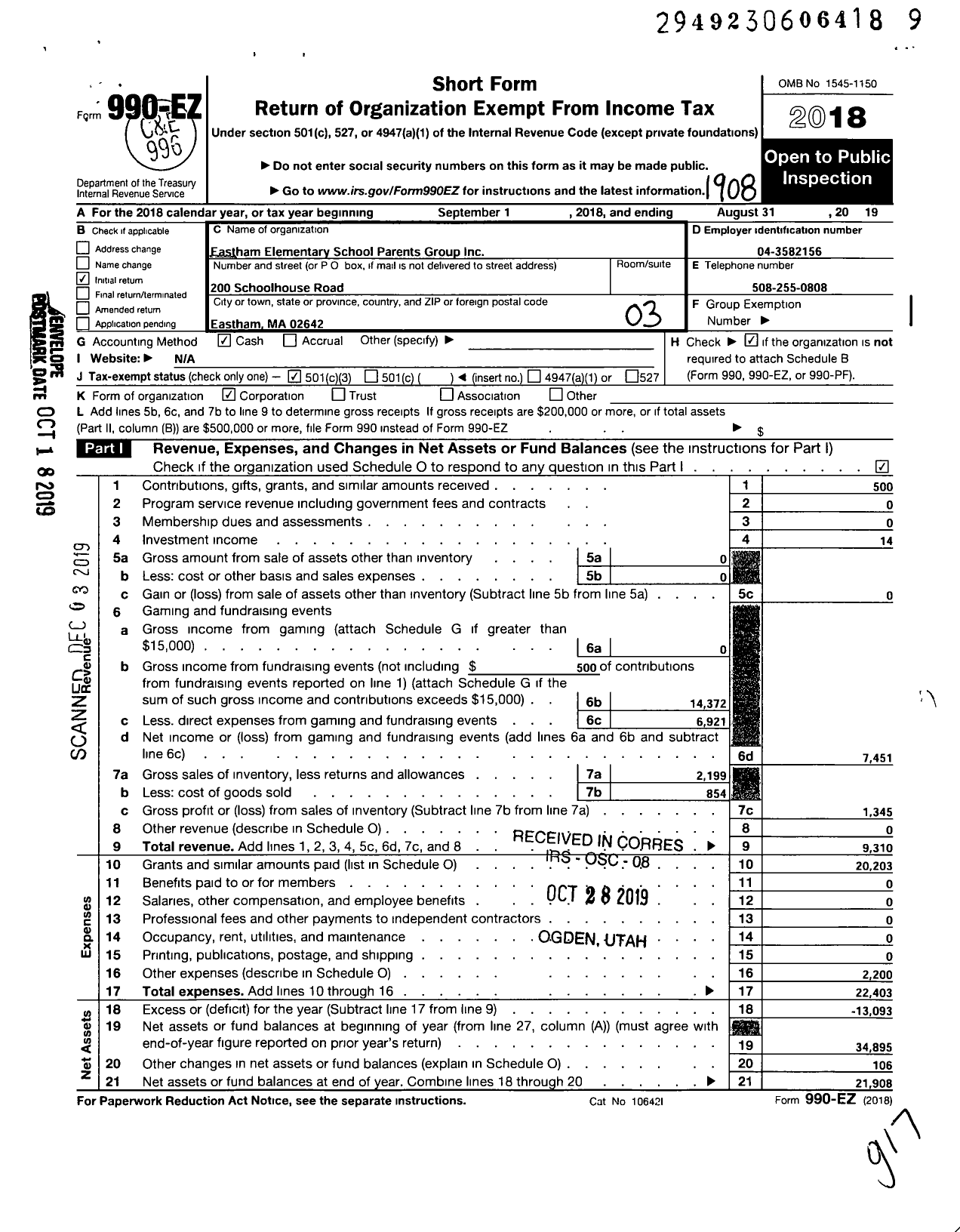 Image of first page of 2018 Form 990EZ for Eastham Elementary School Parents Group