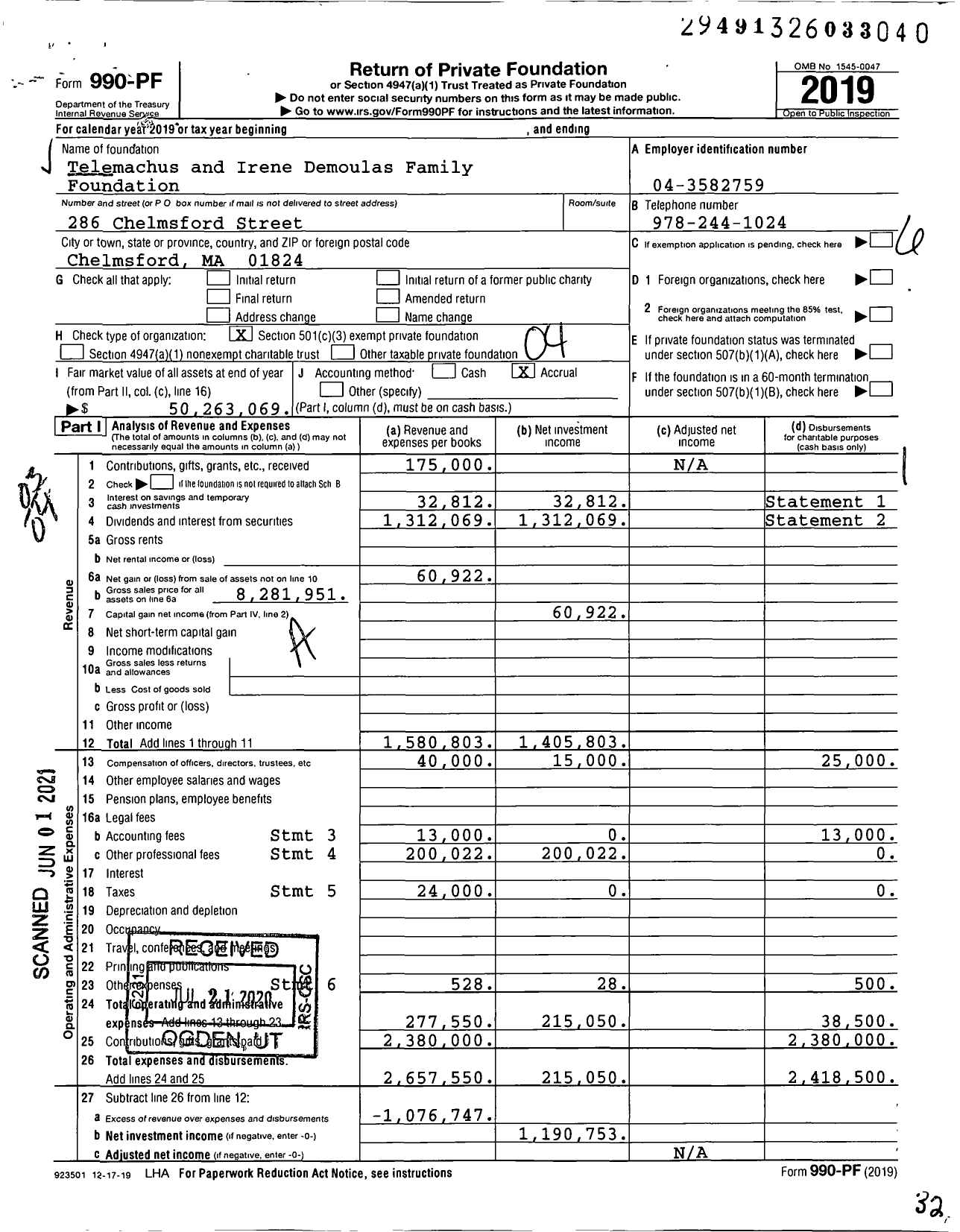 Image of first page of 2019 Form 990PF for Telemachus and Irene Demoulas Family Foundation