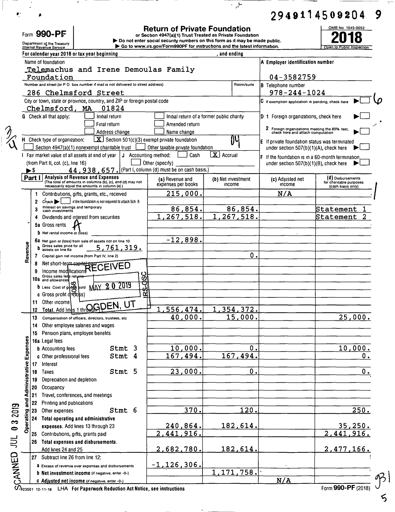 Image of first page of 2018 Form 990PF for Telemachus and Irene Demoulas Family Foundation