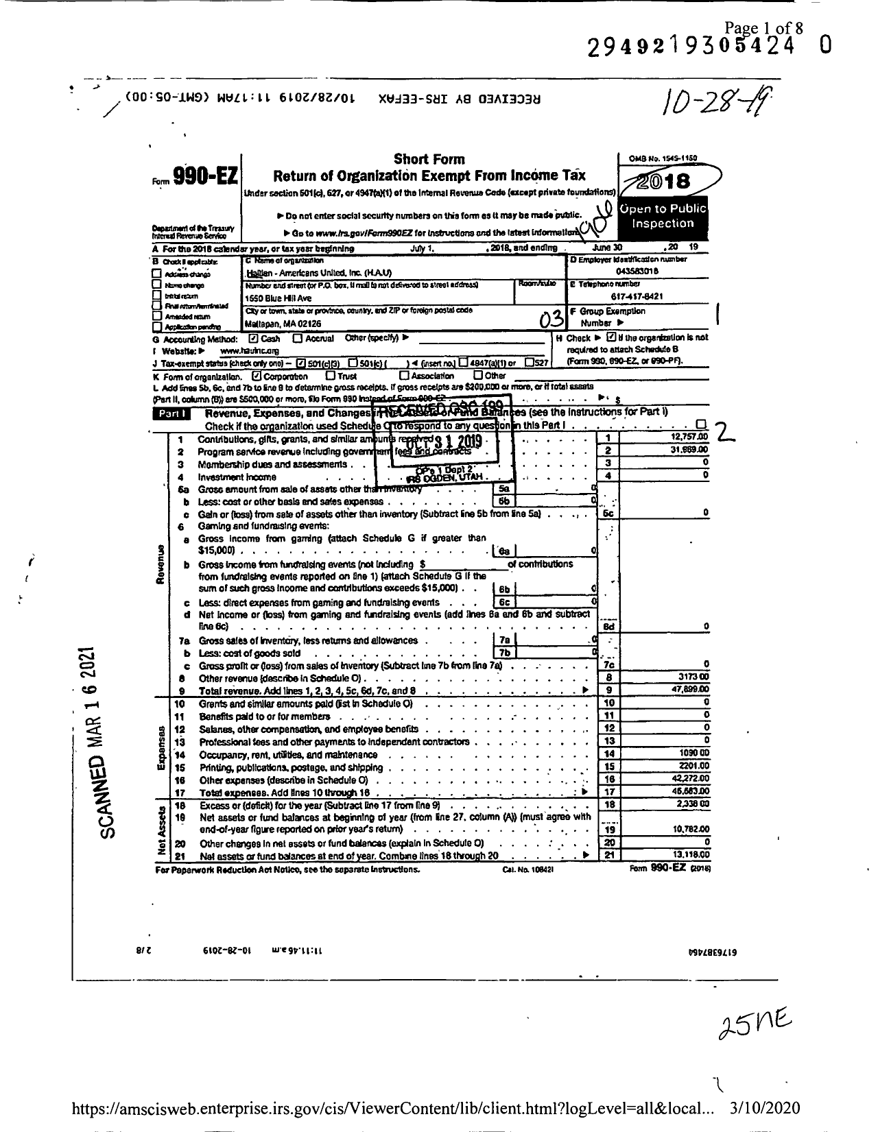 Image of first page of 2018 Form 990EZ for Haitian-Americans United