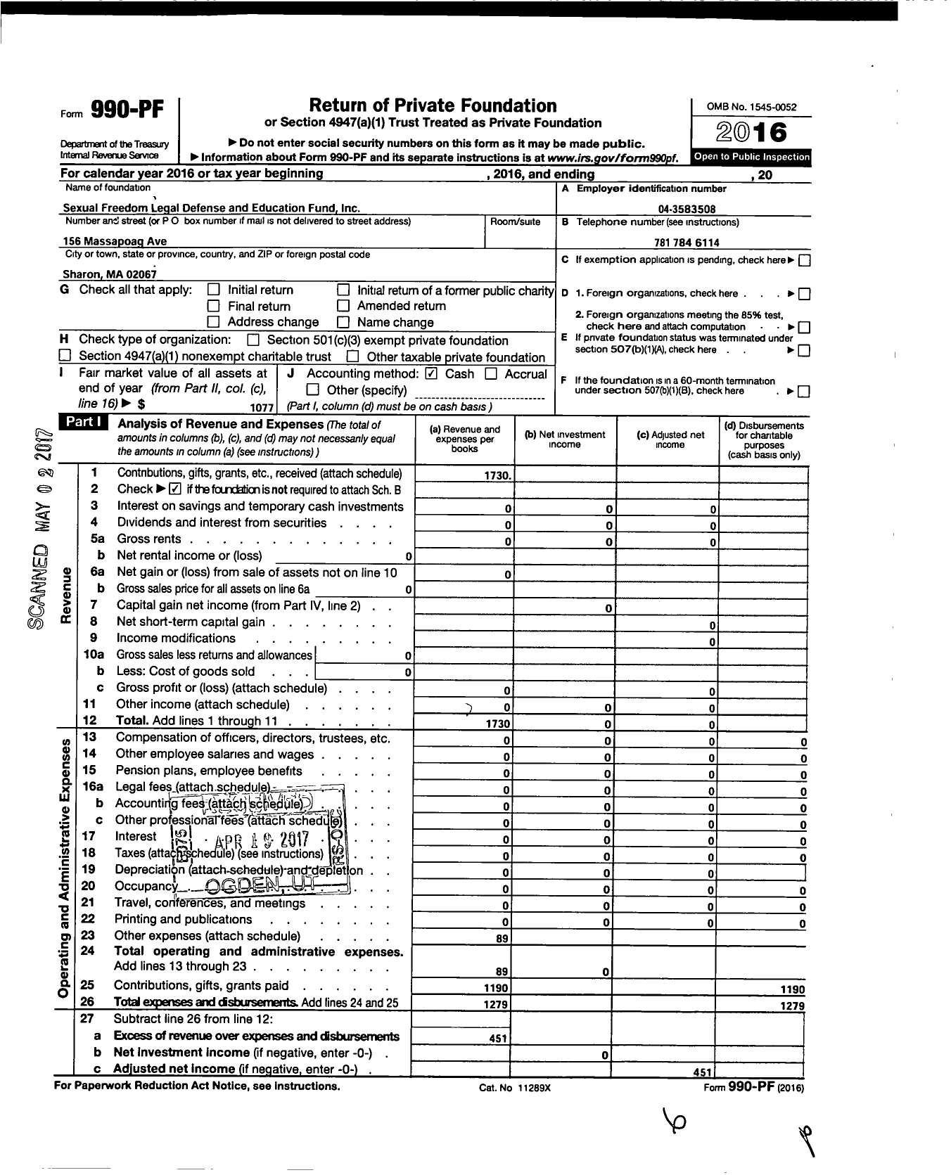 Image of first page of 2016 Form 990PF for Sexual Freedom Legal Defense and Education Fund