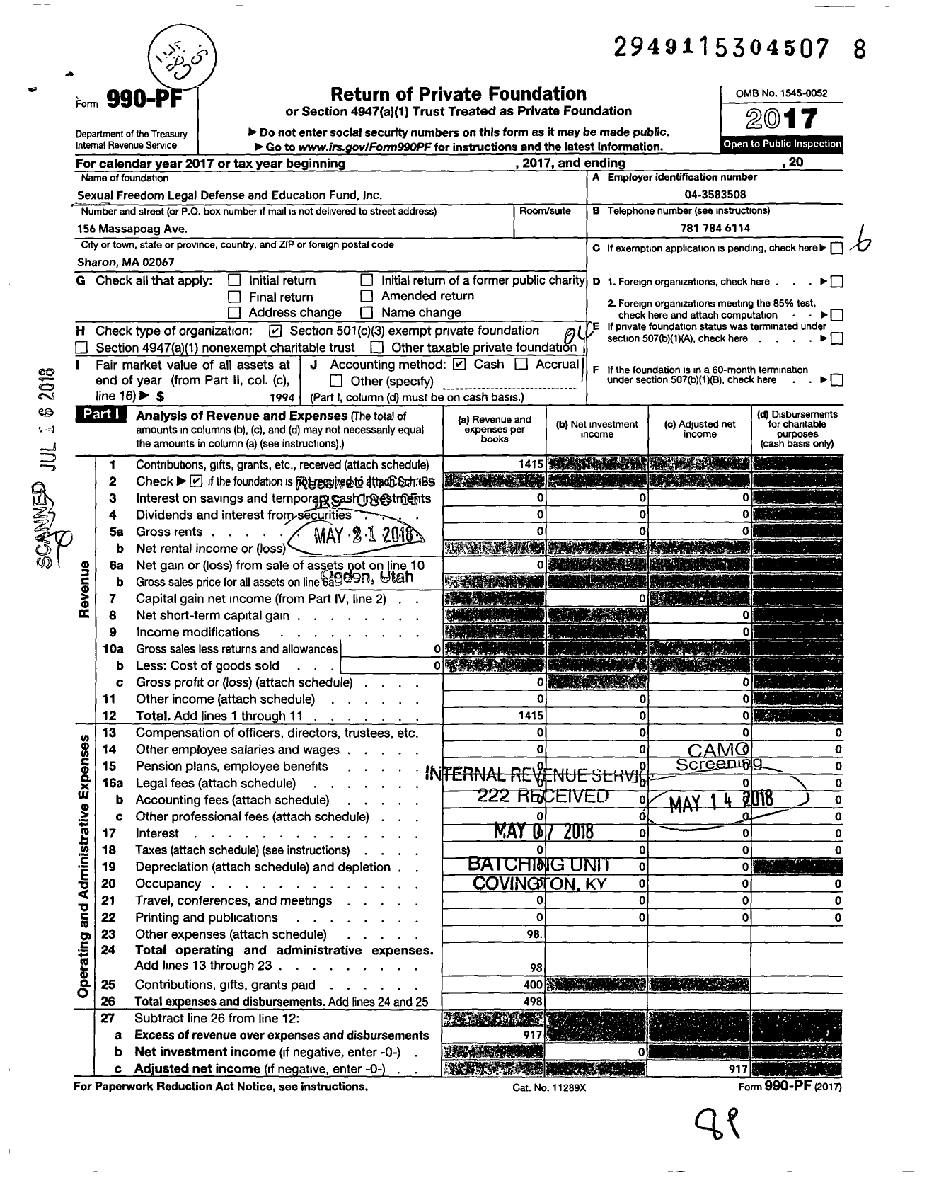 Image of first page of 2017 Form 990PF for Sexual Freedom Legal Defense and Education Fund