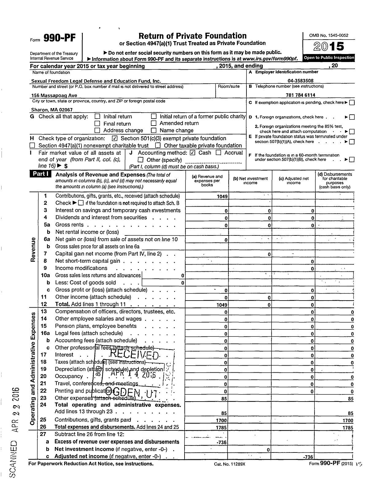 Image of first page of 2015 Form 990PF for Sexual Freedom Legal Defense and Education Fund