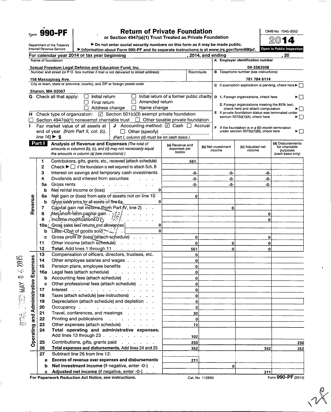 Image of first page of 2014 Form 990PF for Sexual Freedom Legal Defense and Education Fund