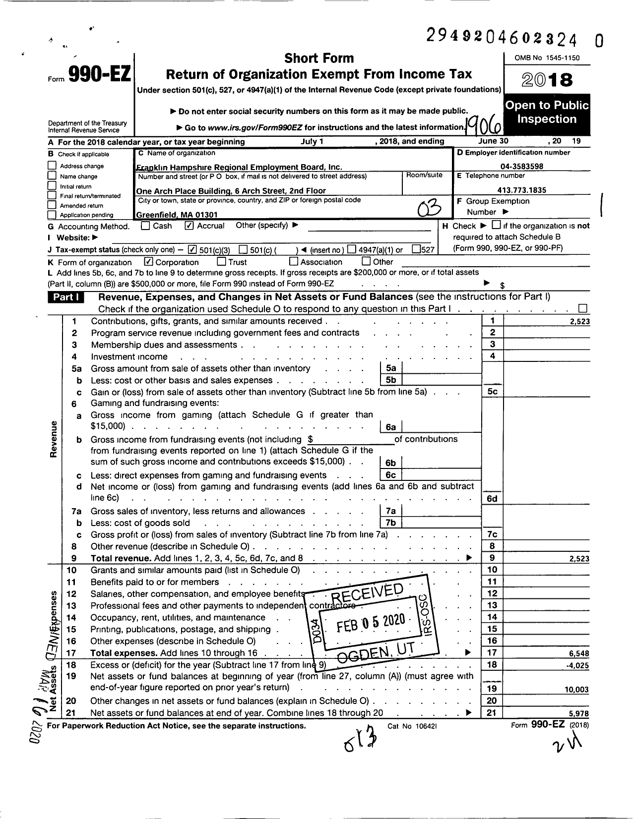 Image of first page of 2018 Form 990EZ for Franklin Hampshire Regional Employment Board