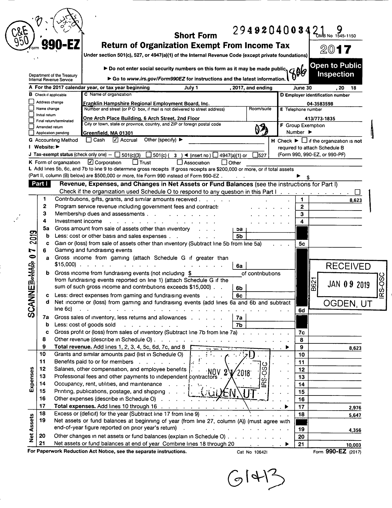 Image of first page of 2017 Form 990EZ for Franklin Hampshire Regional Employment Board