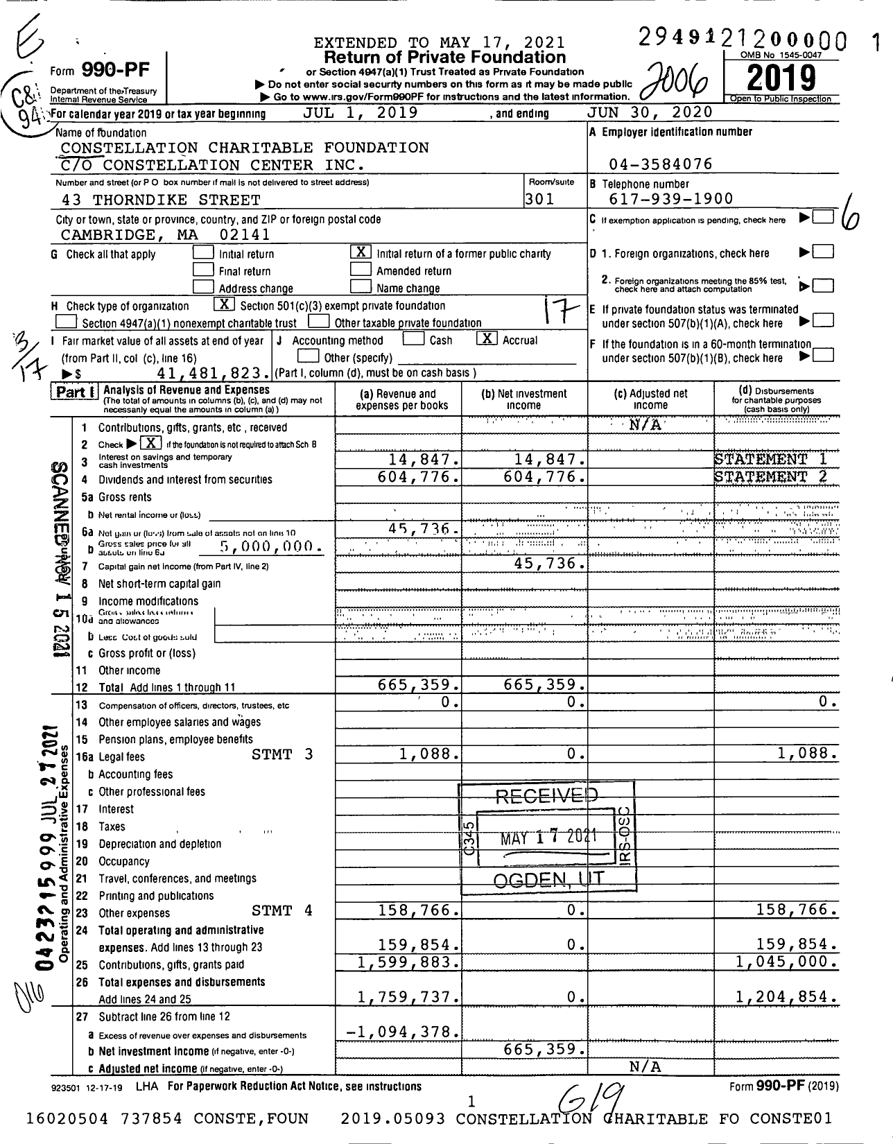 Image of first page of 2019 Form 990PF for Constellation Charitable Foundation