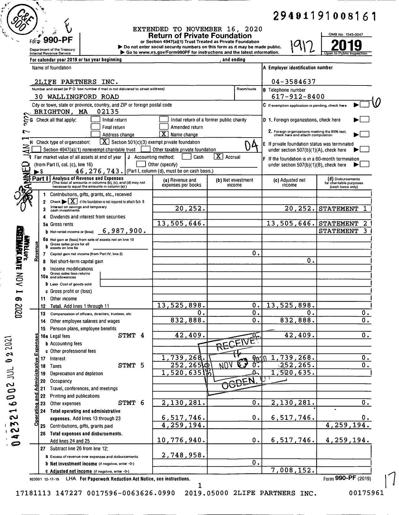 Image of first page of 2019 Form 990PF for 2life Partners