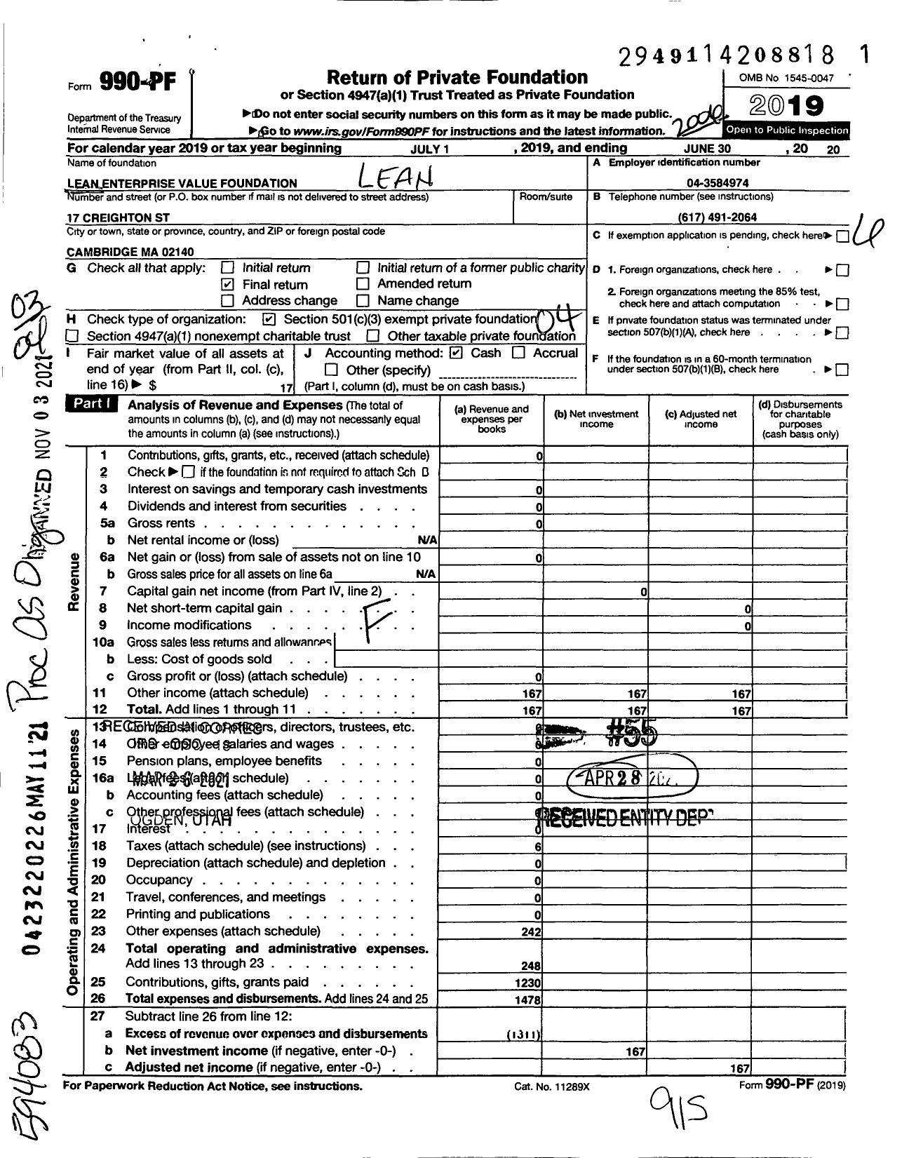 Image of first page of 2019 Form 990PF for Lean Enterprise Value Foundation