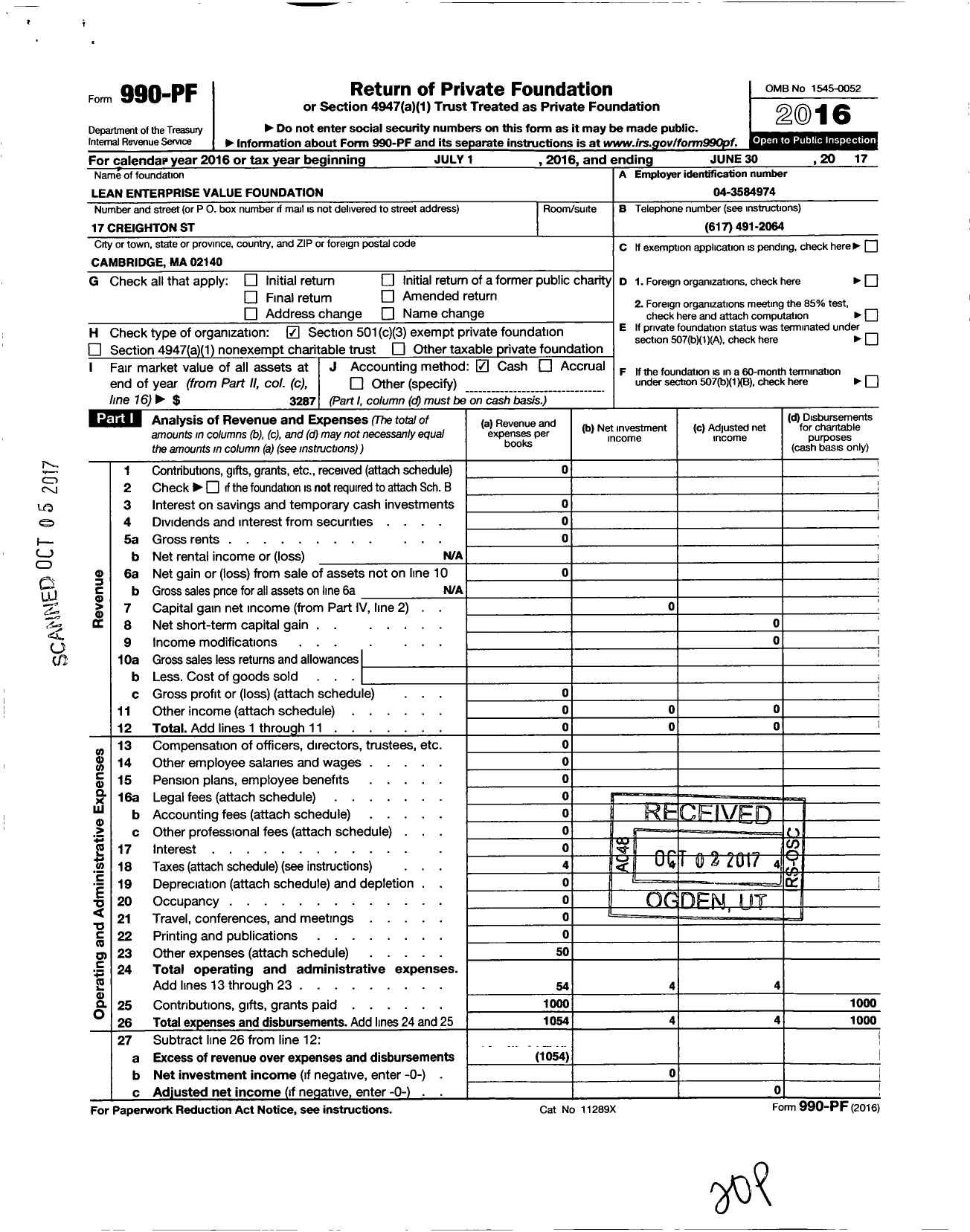 Image of first page of 2016 Form 990PF for Lean Enterprise Value Foundation
