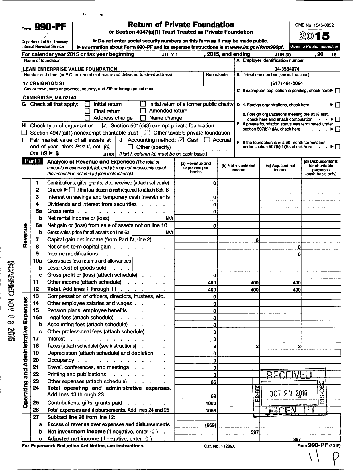 Image of first page of 2015 Form 990PF for Lean Enterprise Value Foundation