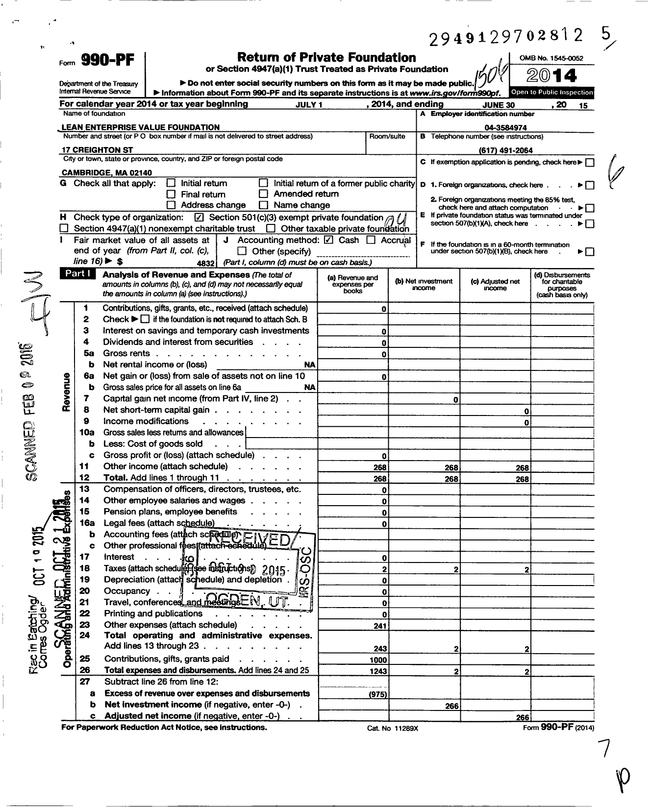 Image of first page of 2014 Form 990PF for Lean Enterprise Value Foundation