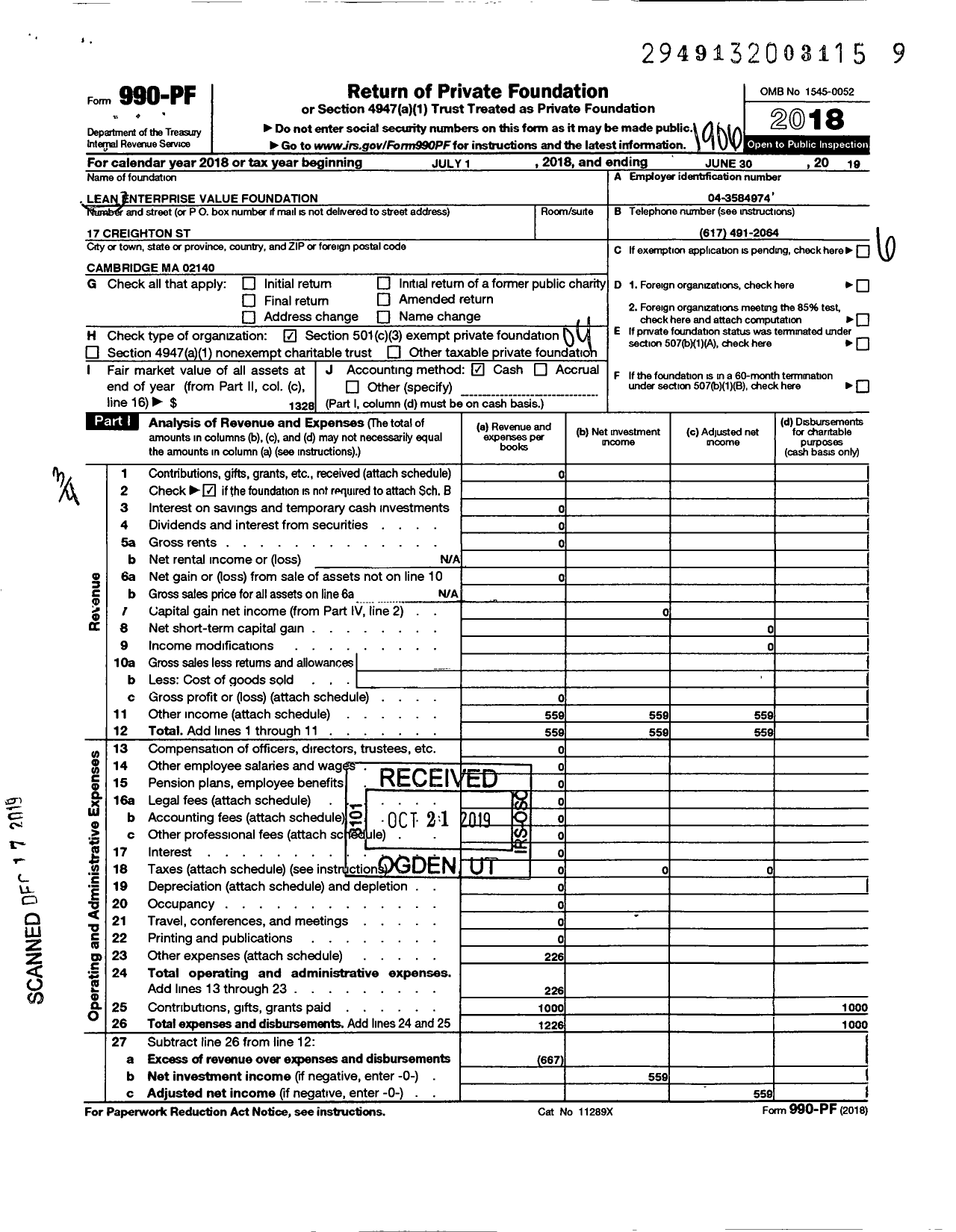 Image of first page of 2018 Form 990PF for Lean Enterprise Value Foundation
