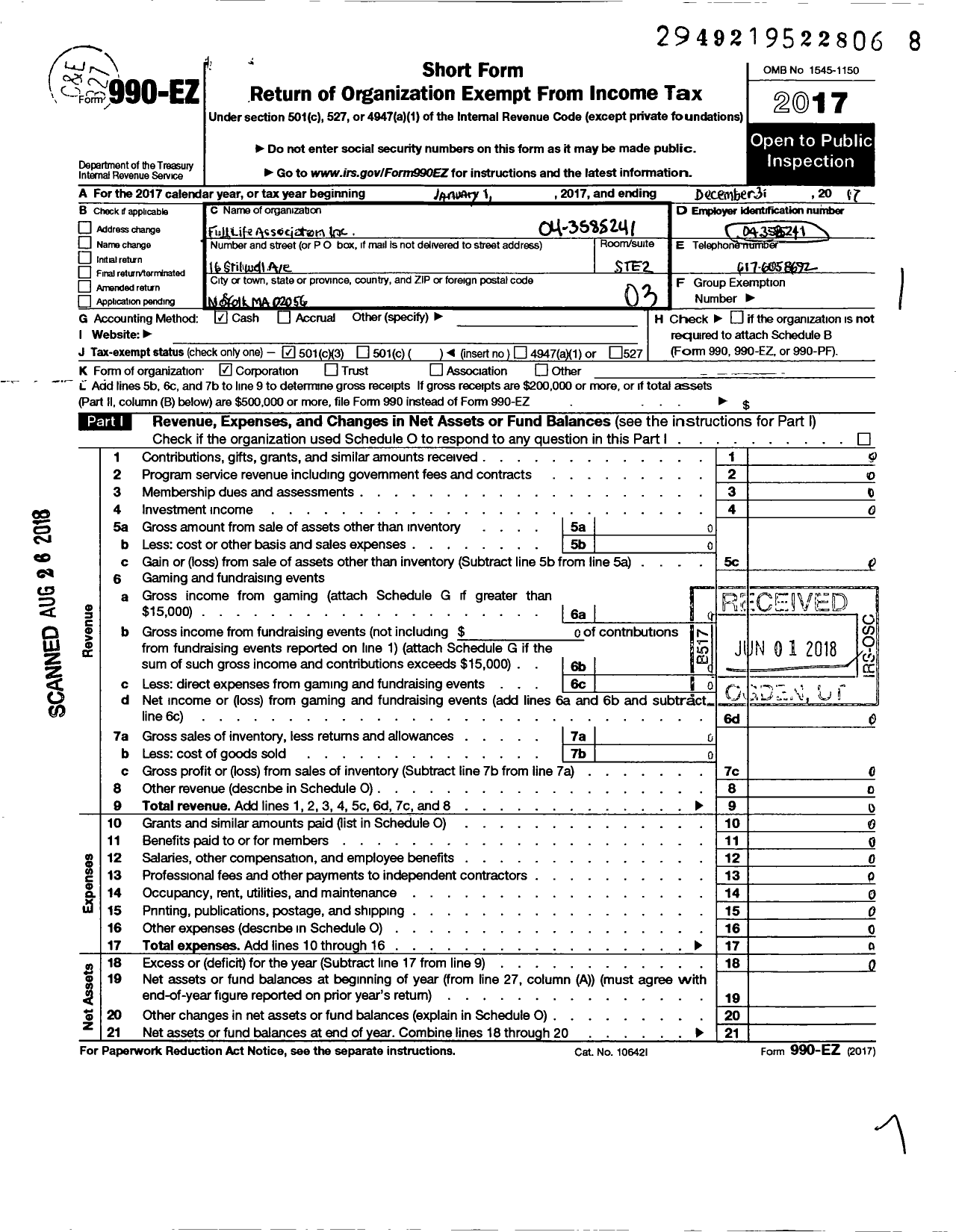 Image of first page of 2017 Form 990EZ for Full Life Association