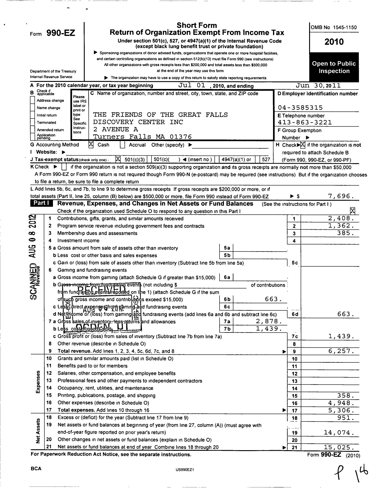 Image of first page of 2010 Form 990EZ for Friends of The Great Discovery Center