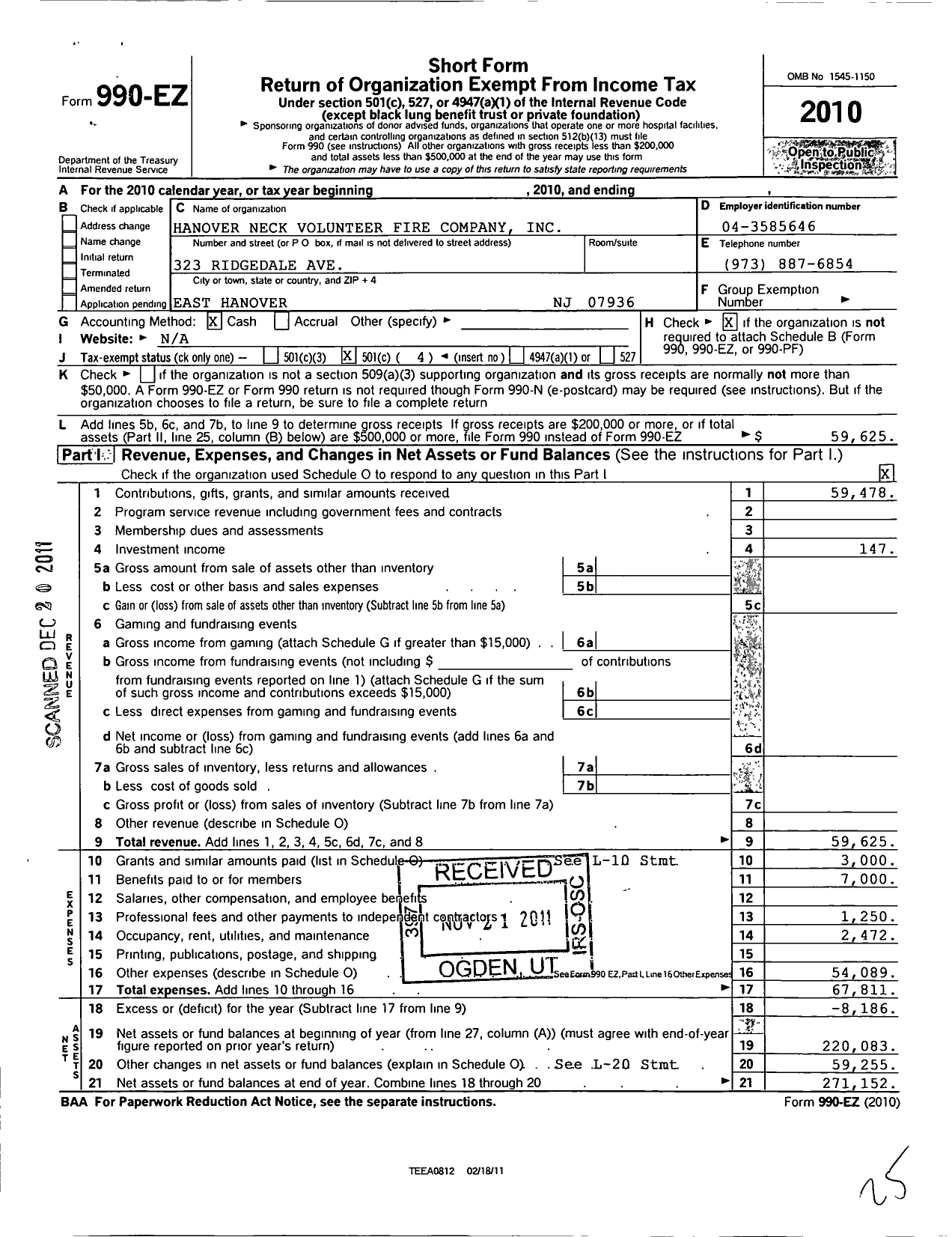 Image of first page of 2010 Form 990EO for East Hanover Volunteer Fire Department Association