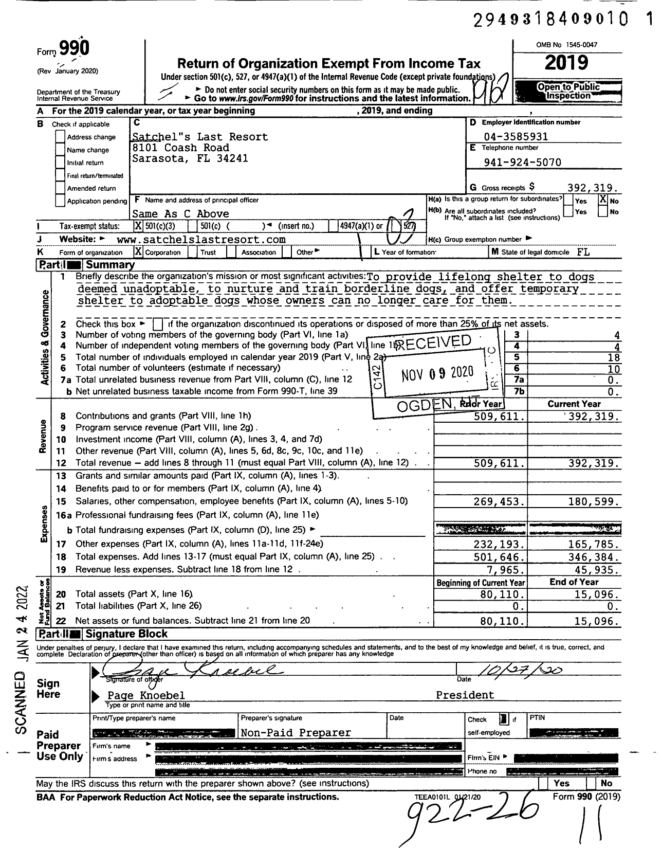 Image of first page of 2019 Form 990 for Satchels Last Resort