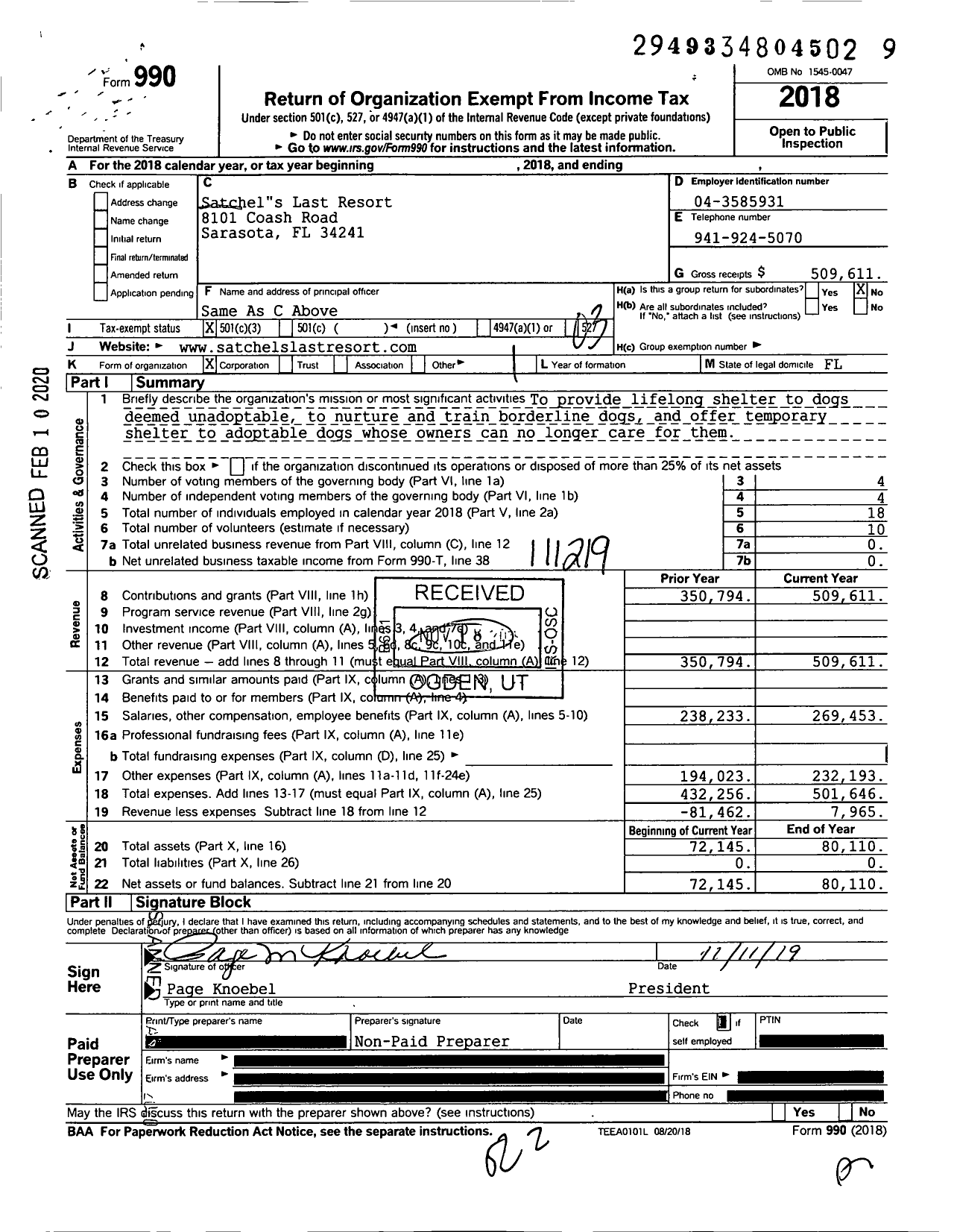 Image of first page of 2018 Form 990 for Satchels Last Resort