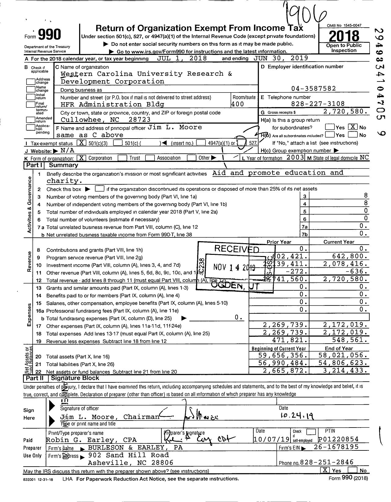 Image of first page of 2018 Form 990 for Western Carolina University Research and Development Corporation