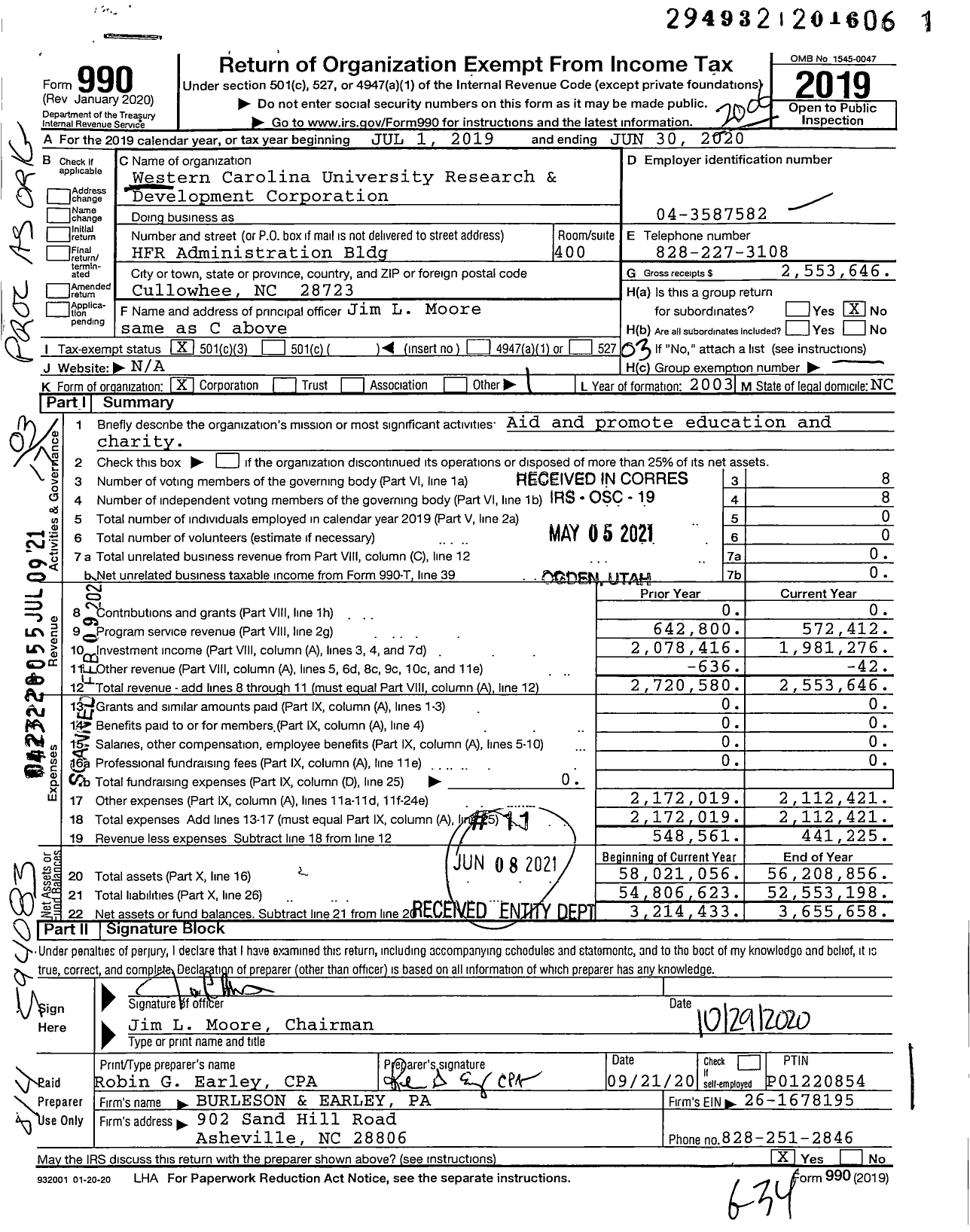 Image of first page of 2019 Form 990 for Western Carolina University Research and Development Corporation