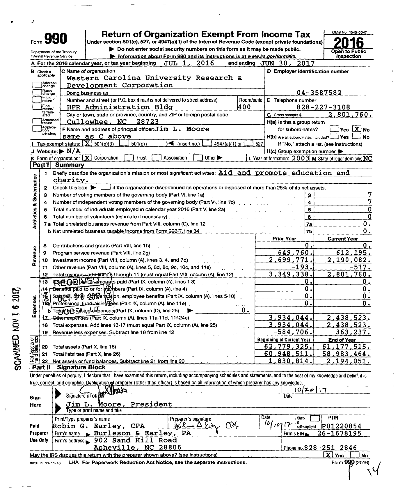 Image of first page of 2016 Form 990 for Western Carolina University Research and Development Corporation