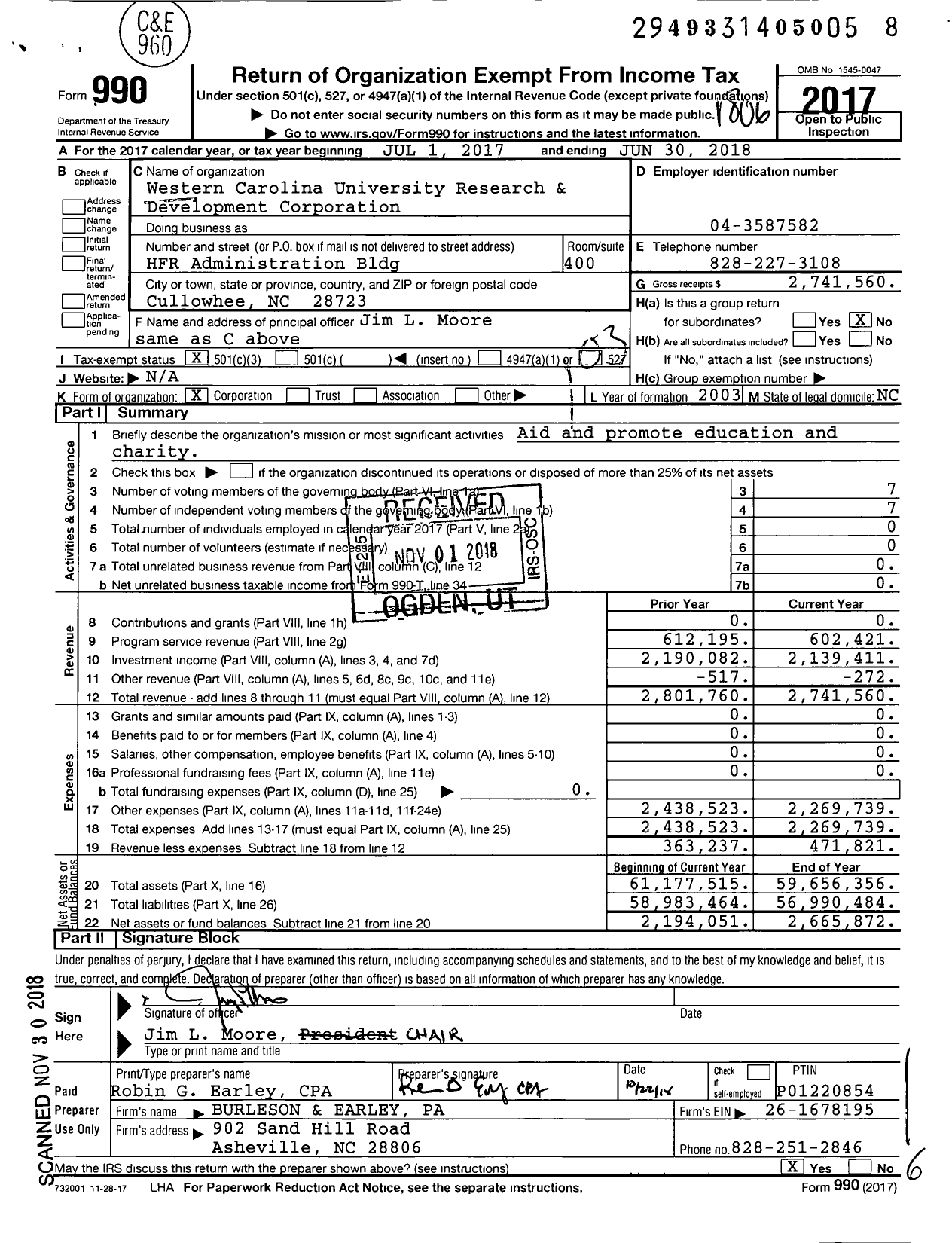 Image of first page of 2017 Form 990 for Western Carolina University Research and Development Corporation