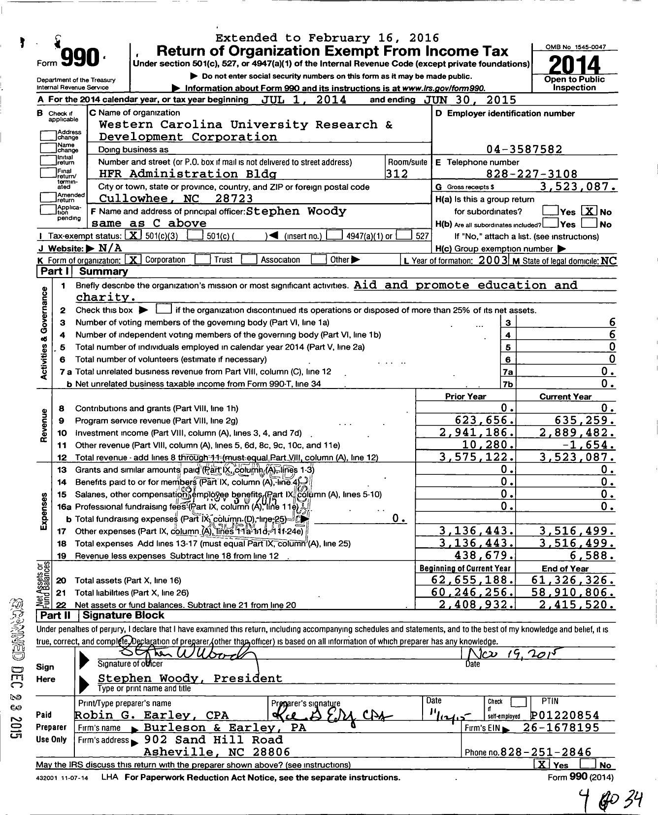 Image of first page of 2014 Form 990 for Western Carolina University Research and Development Corporation
