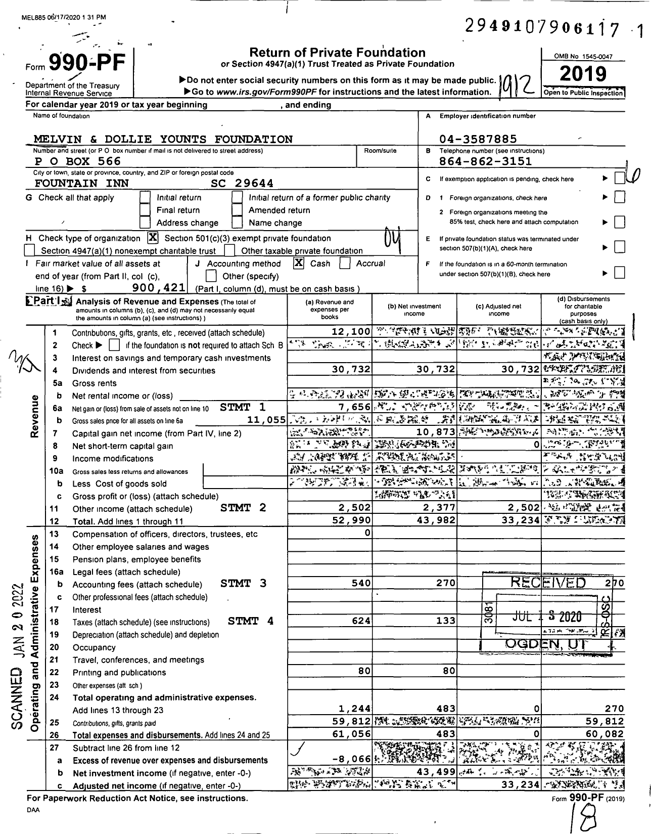 Image of first page of 2019 Form 990PF for Melvin and Dollie Younts Foundation