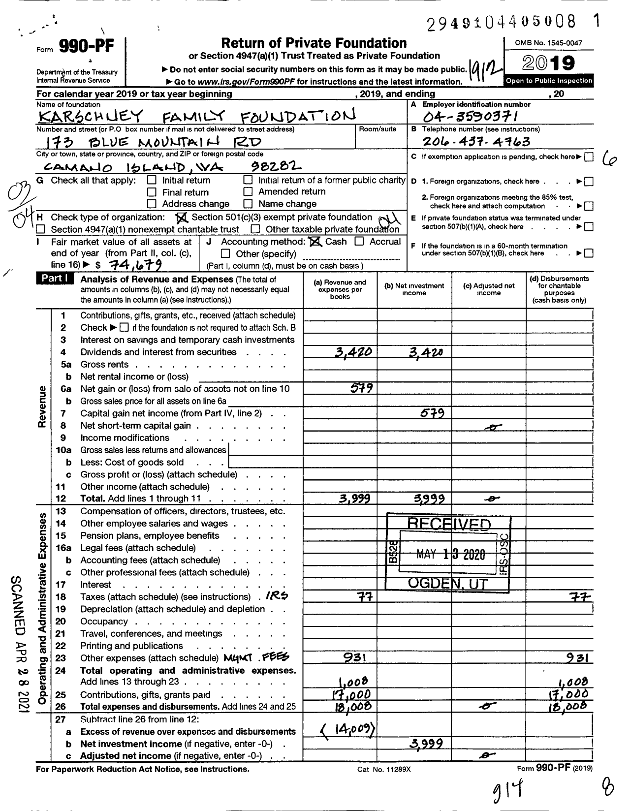 Image of first page of 2019 Form 990PF for Karschney Family Foundation