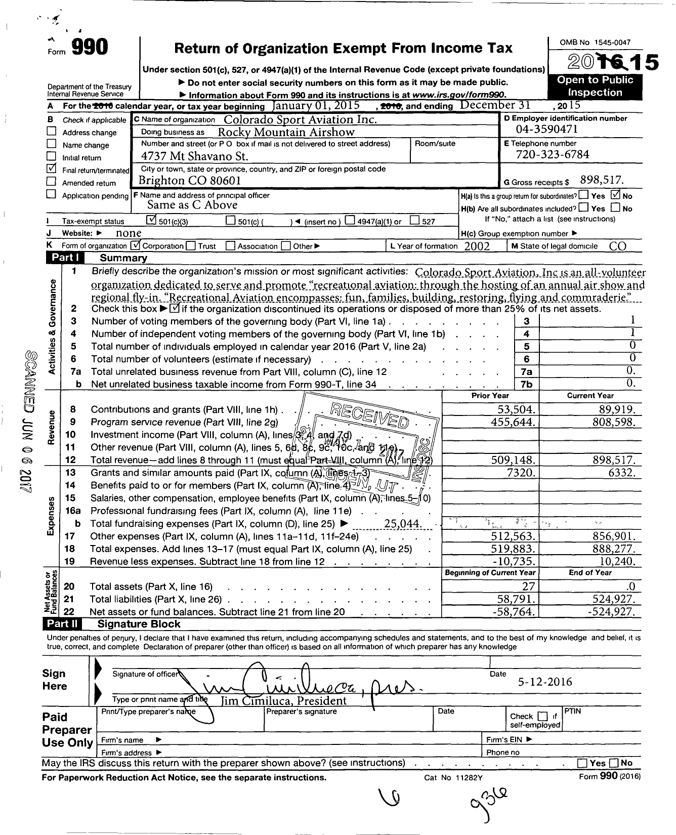 Image of first page of 2015 Form 990 for Colorado Sport Aviation