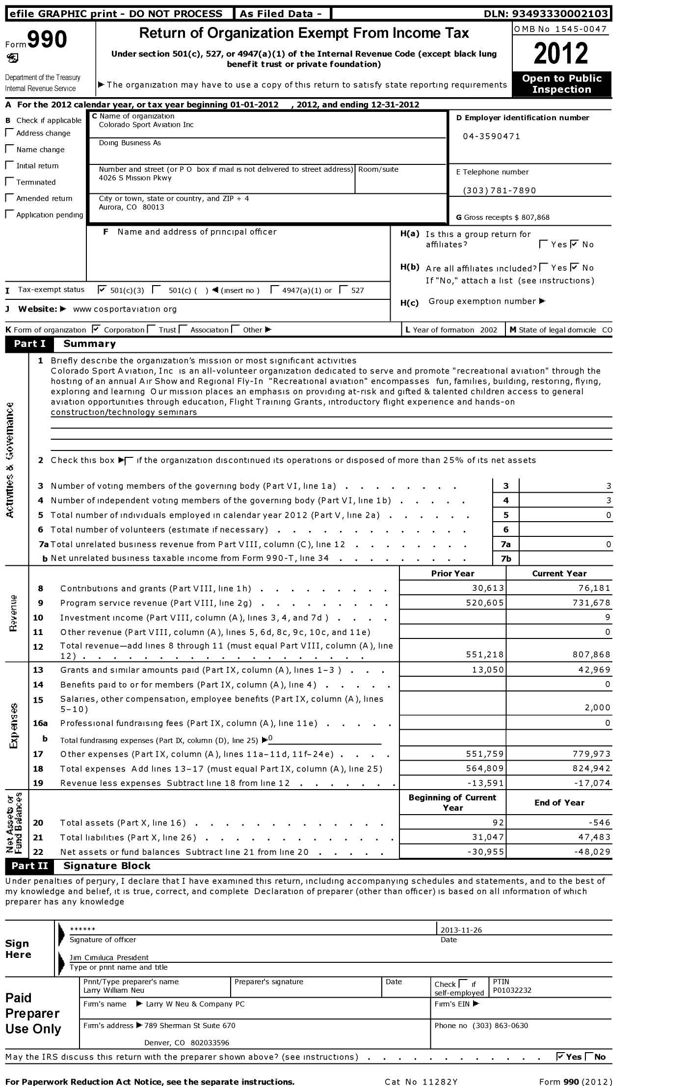 Image of first page of 2012 Form 990 for Colorado Sport Aviation