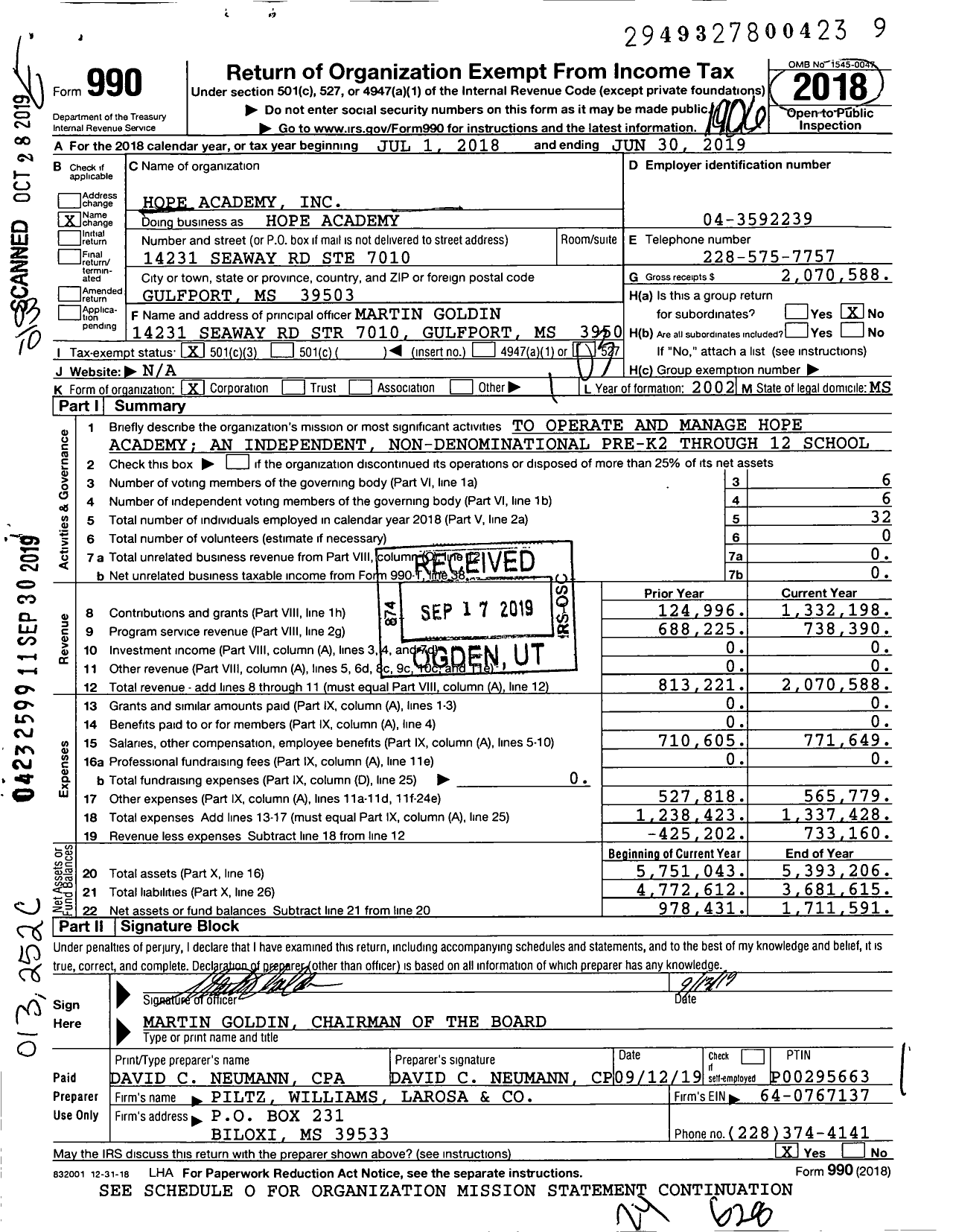 Image of first page of 2018 Form 990 for Hope Academy